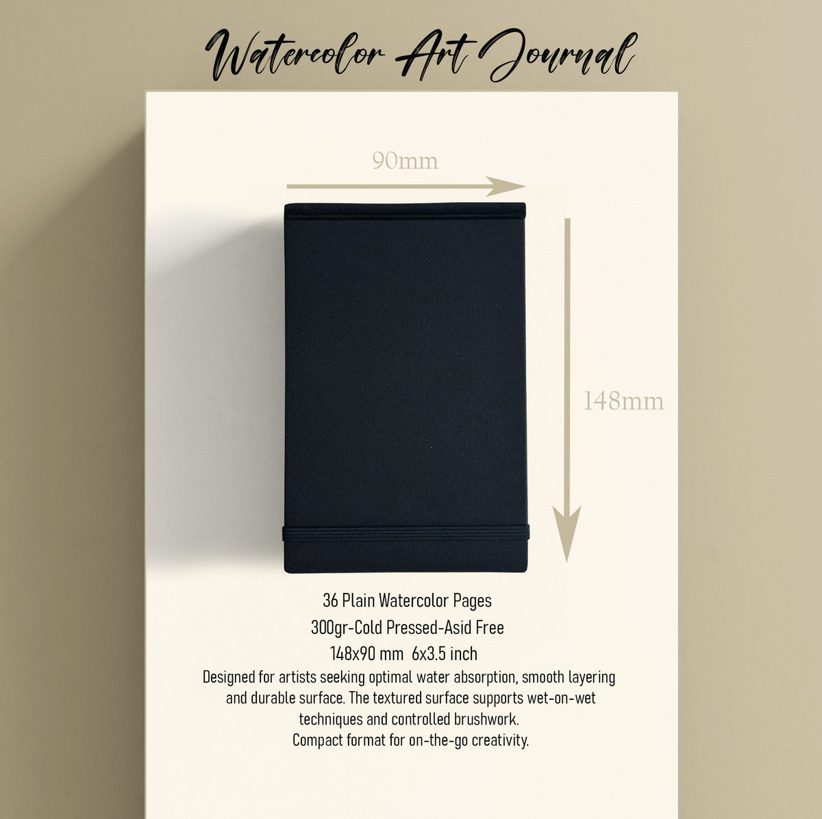 ONWIZE Watercolor Art Journal – 148x90 mm Black | Slim Pocket Sketchbook 300gsm Cold Press