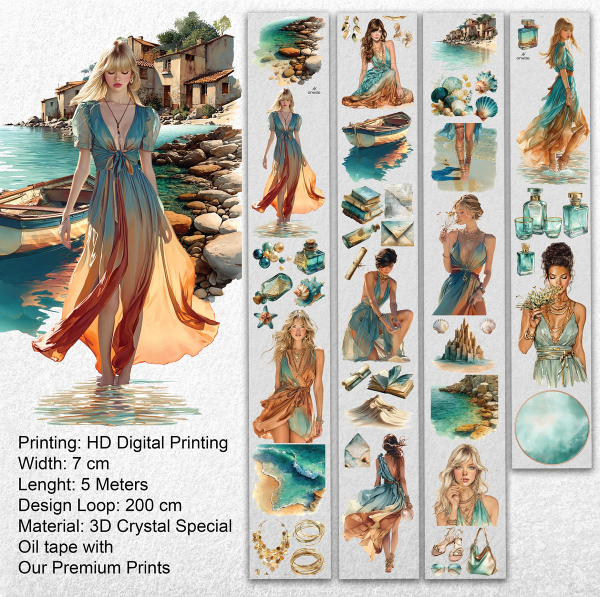Azure Tide PET Tape | Ocean Breeze Fashion Scrapbook Tape | 7cm x 5m