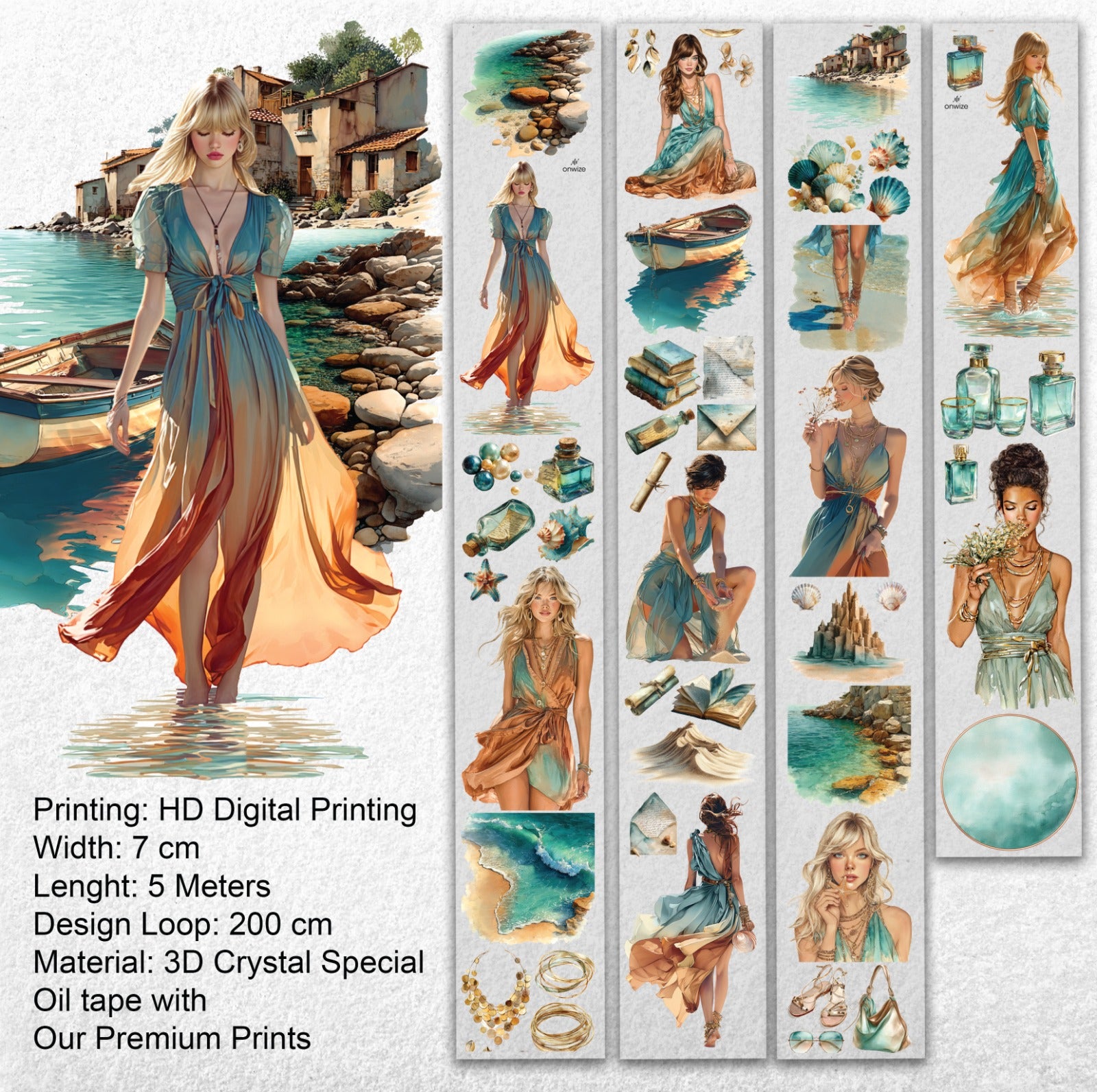 Azure Tide PET Tape | Ocean Breeze Fashion Scrapbook Tape | 7cm x 5m