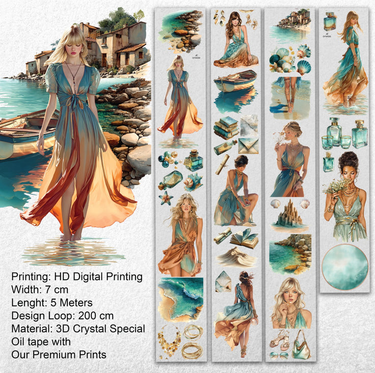 Azure Tide PET Tape | Ocean Breeze Fashion Scrapbook Tape | 7cm x 5m