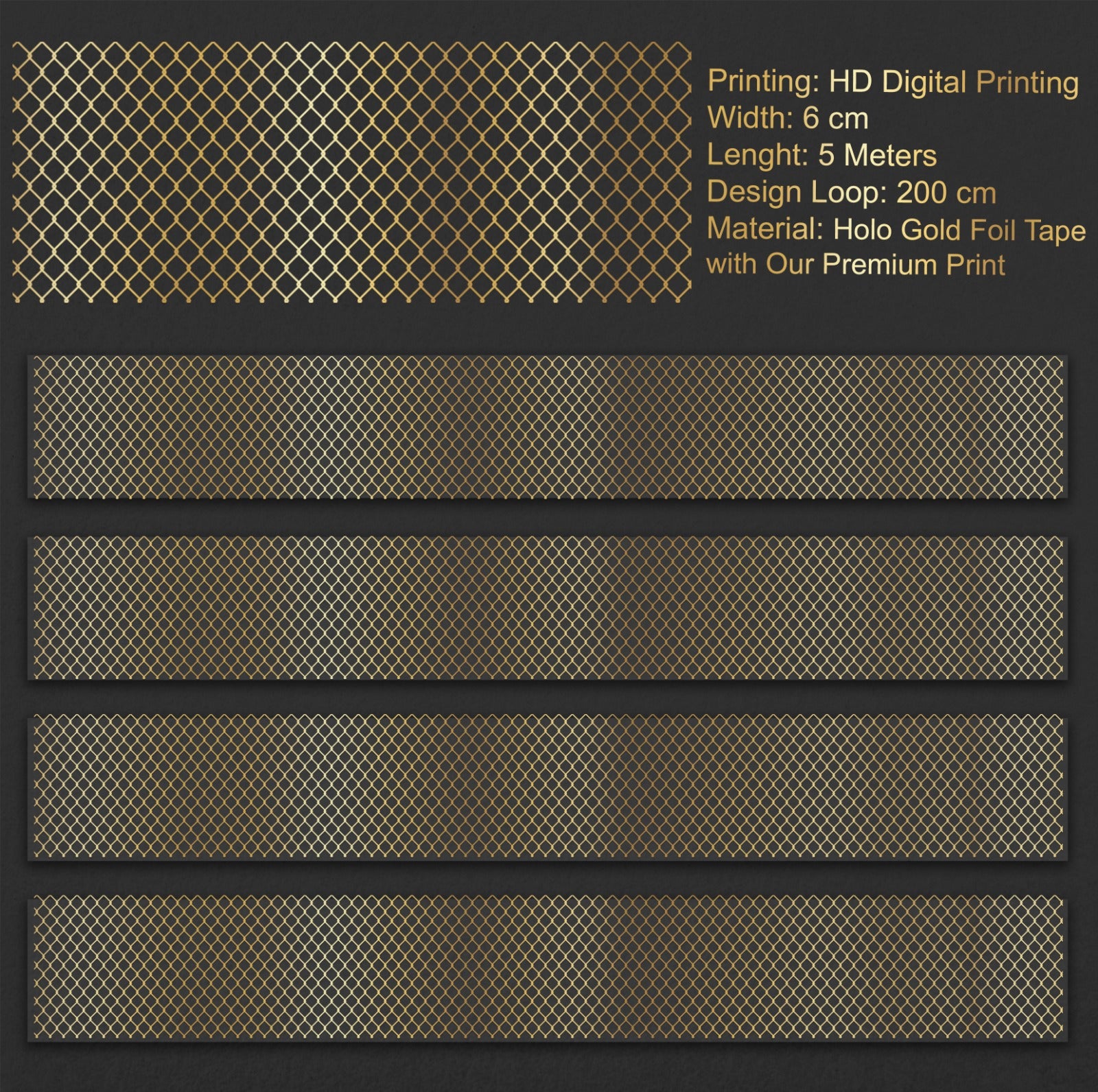 Golden Lattice | Holo Gold Foil Grid PET Tape | 6cm x 5m