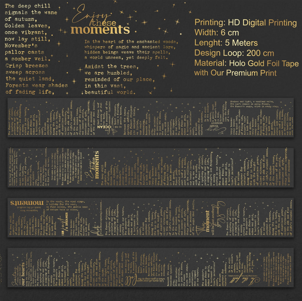 Golden Manuscript | Holo Gold Foil Typography PET Tape | 6cm x 5m