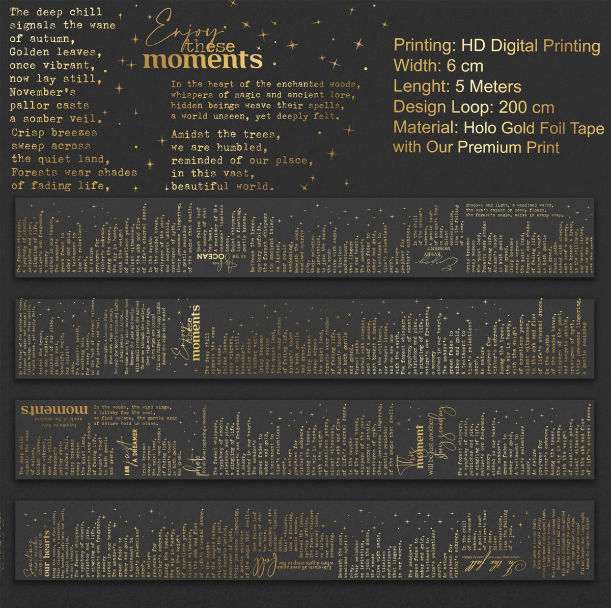 Golden Manuscript | Holo Gold Foil Typography PET Tape | 6cm x 5m