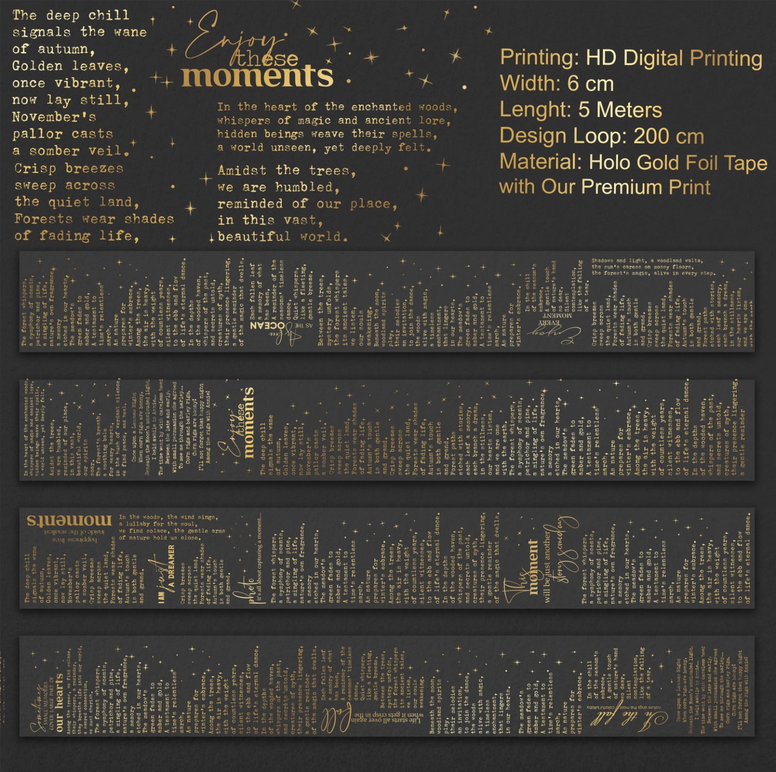 Golden Manuscript | Holo Gold Foil Typography PET Tape | 6cm x 5m