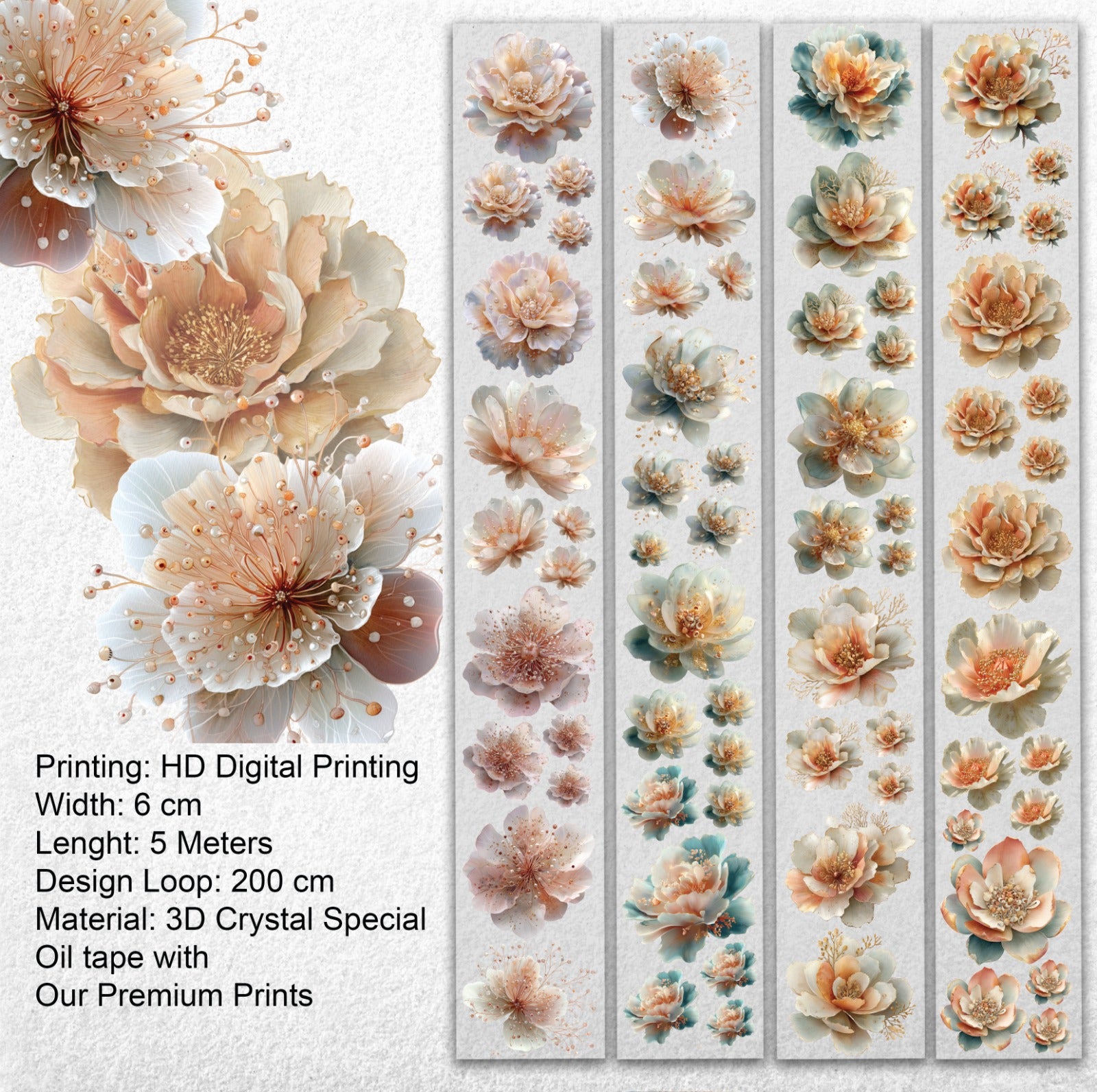 Pearl Bloom PET Tape | Soft Botanical Scrapbook Tape | 6cm x 5m