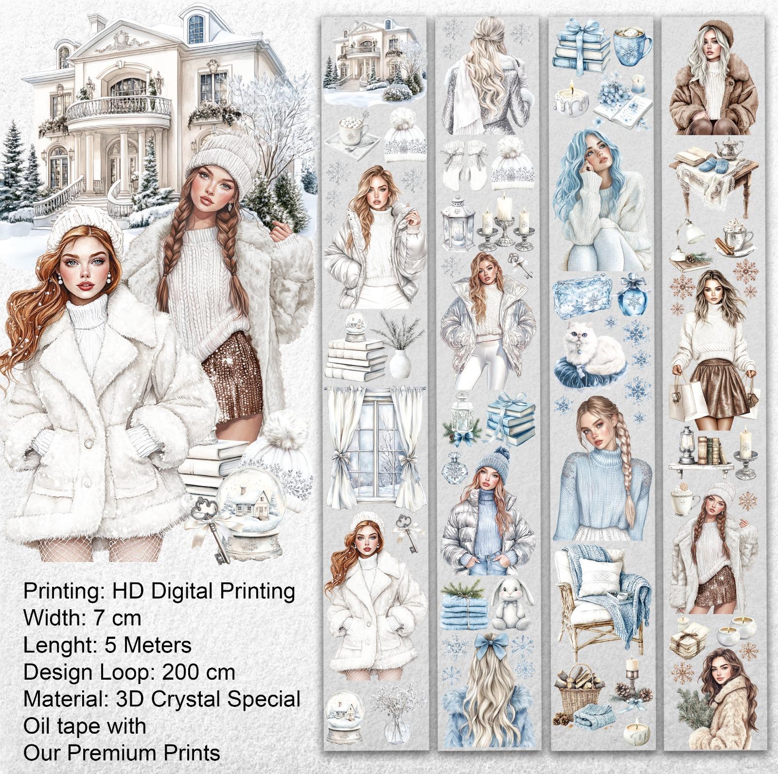 Snowlight Elegance PET Tape – Winter Fashion Girls, Cozy Luxury Scrapbook Tape, 7cm x 5m Decorative Journal Tape