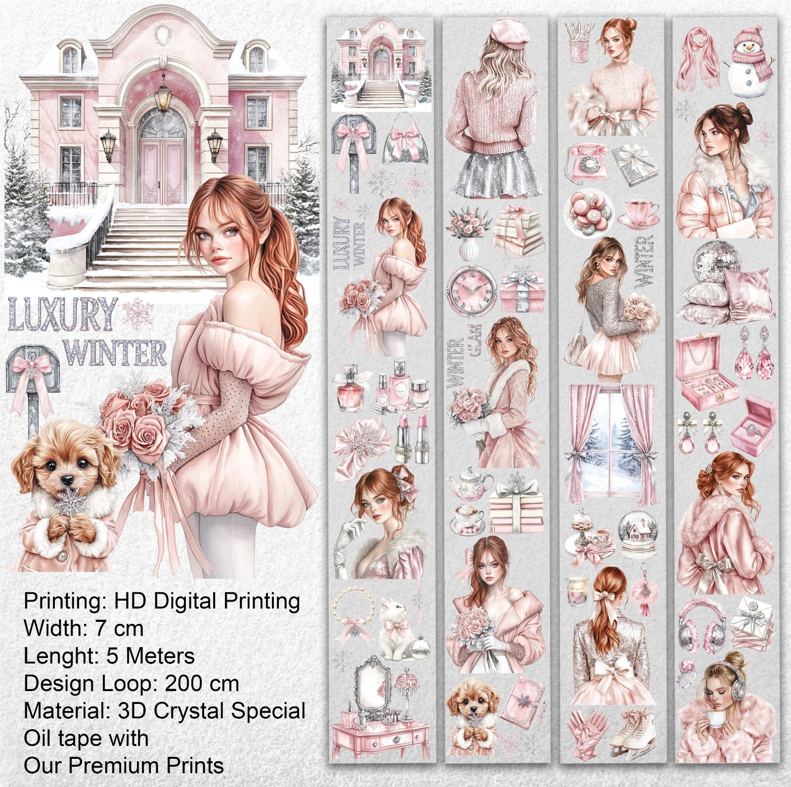 Luxury Winter PET Tape – Pink Cozy Fashion Girls, Elegant Winter Scrapbook Tape 7cm x 5m