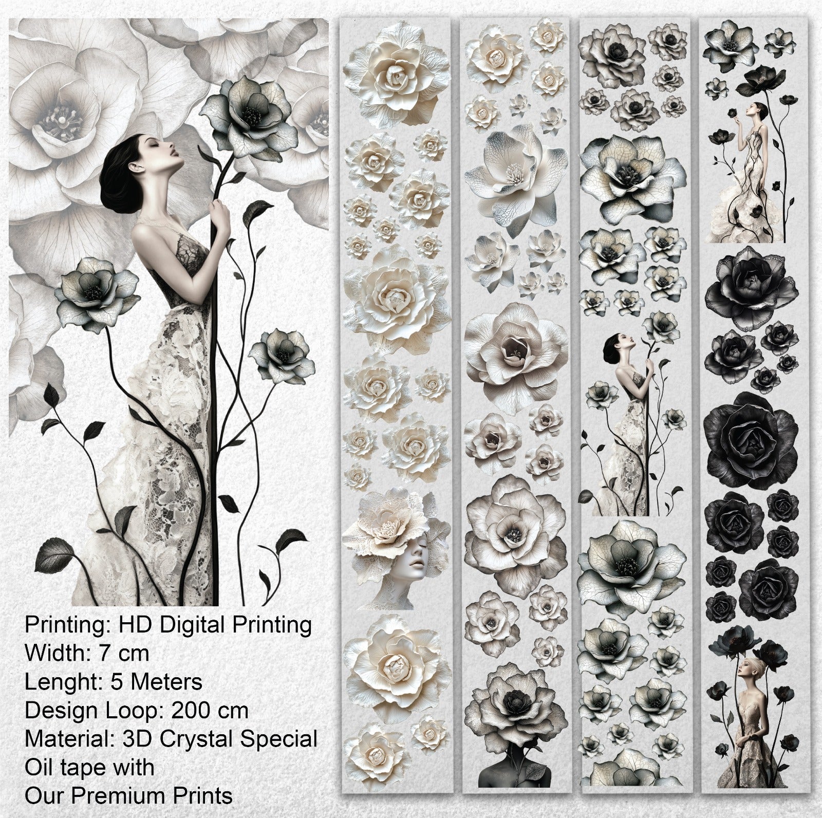 Noir Blossom Muse – Elegant Black & Ivory Floral PET Tape for Scrapbooking & Journaling