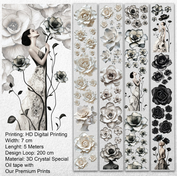 Noir Blossom Muse – Elegant Black & Ivory Floral PET Tape for Scrapbooking & Journaling
