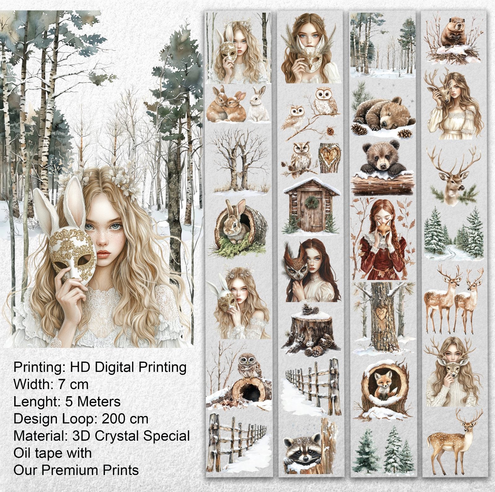 Winter Forest Whisper – PET Tape | Enchanted Woodland Animals & Fairytale Girls Scrapbook Tape