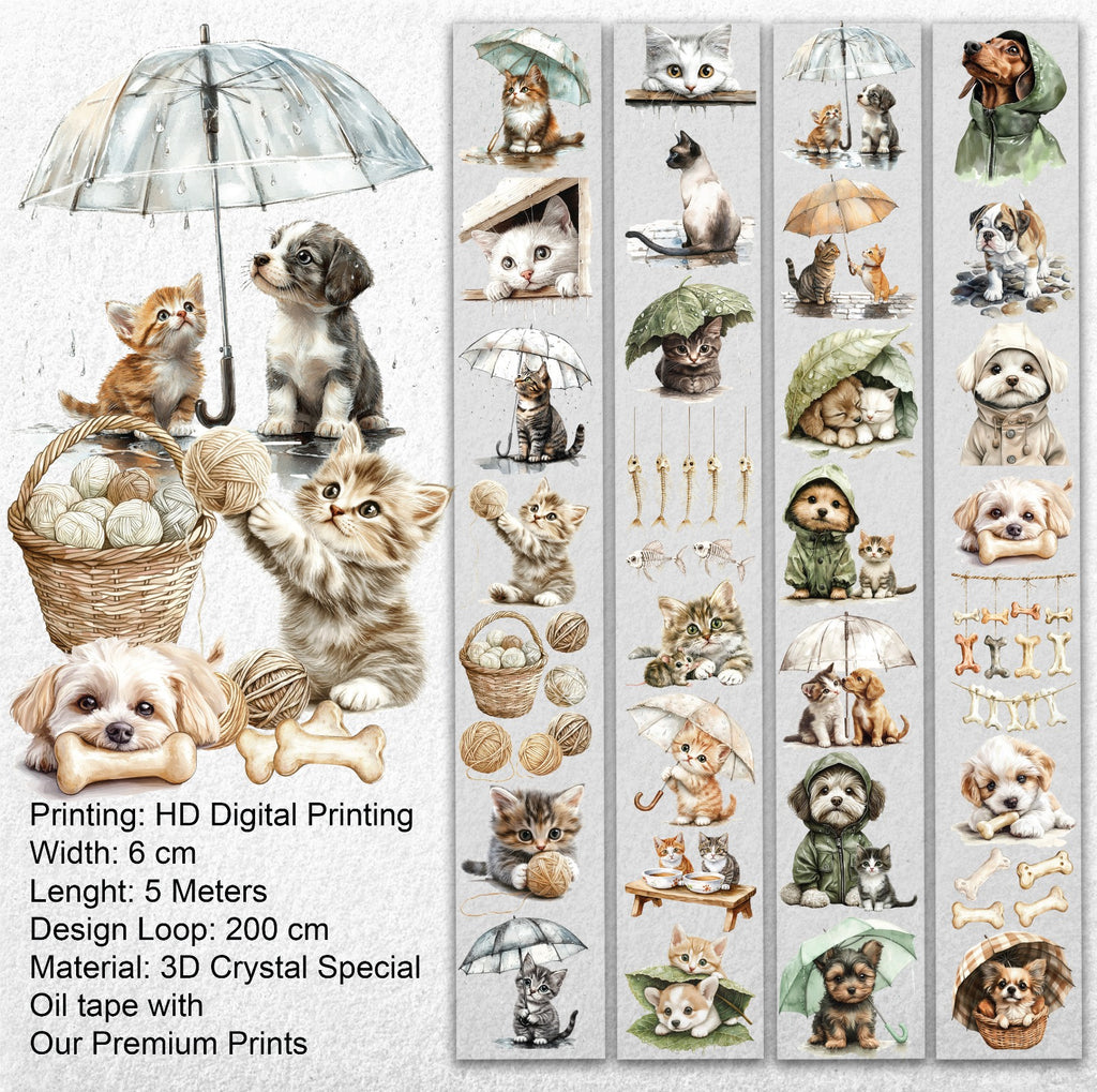 Rainy Day Pets – Cute Cats & Dogs PET Tape for Journaling & Scrapbooking