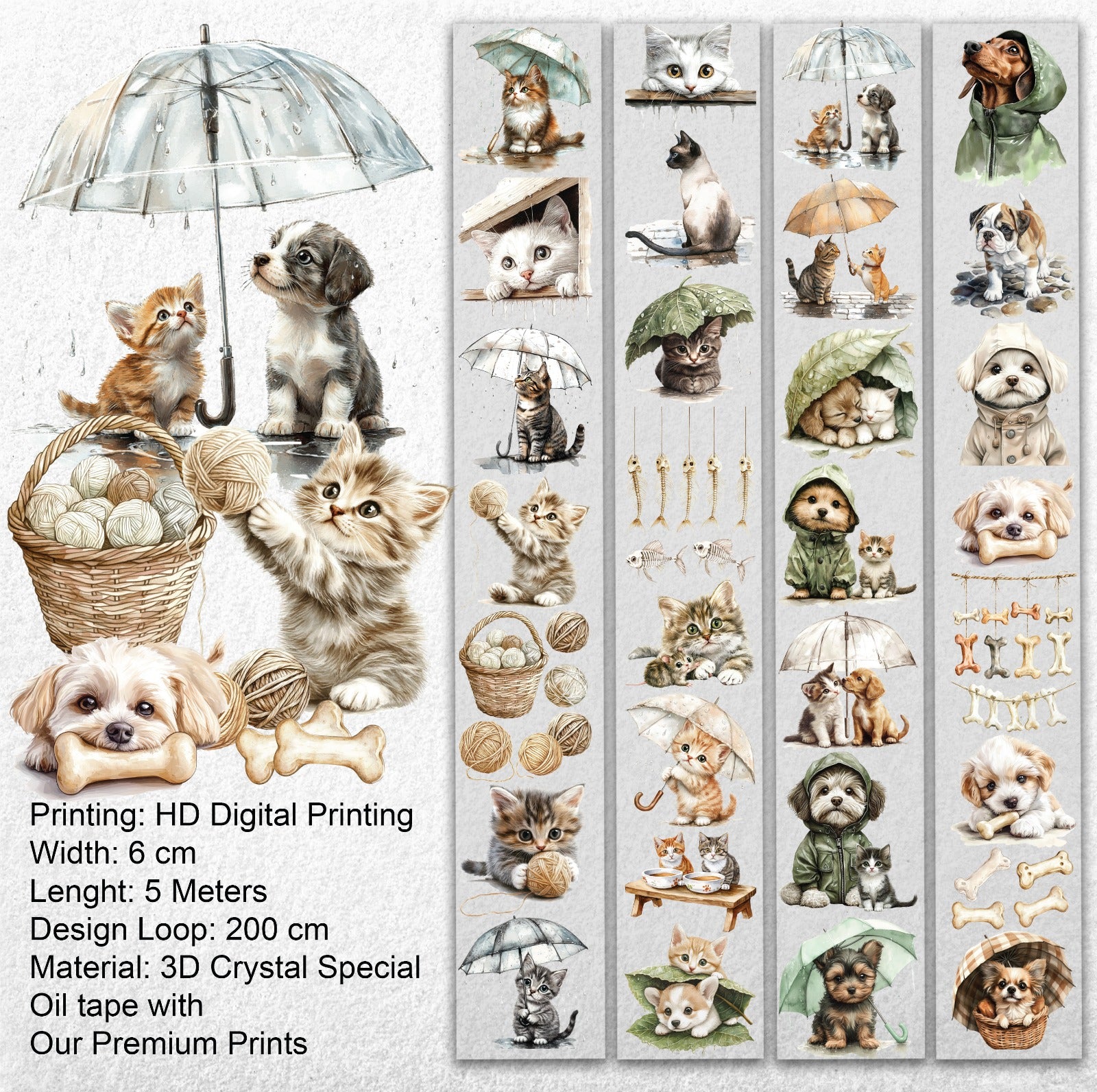 Rainy Day Pets – Cute Cats & Dogs PET Tape for Journaling & Scrapbooking