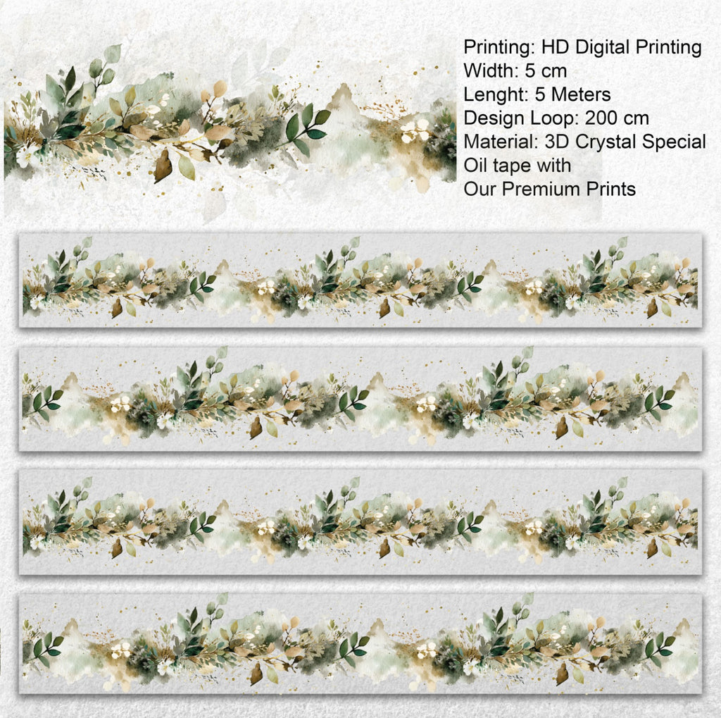 Sage Meadow | Watercolor Botanical Border PET Tape | 5cm x 5m
