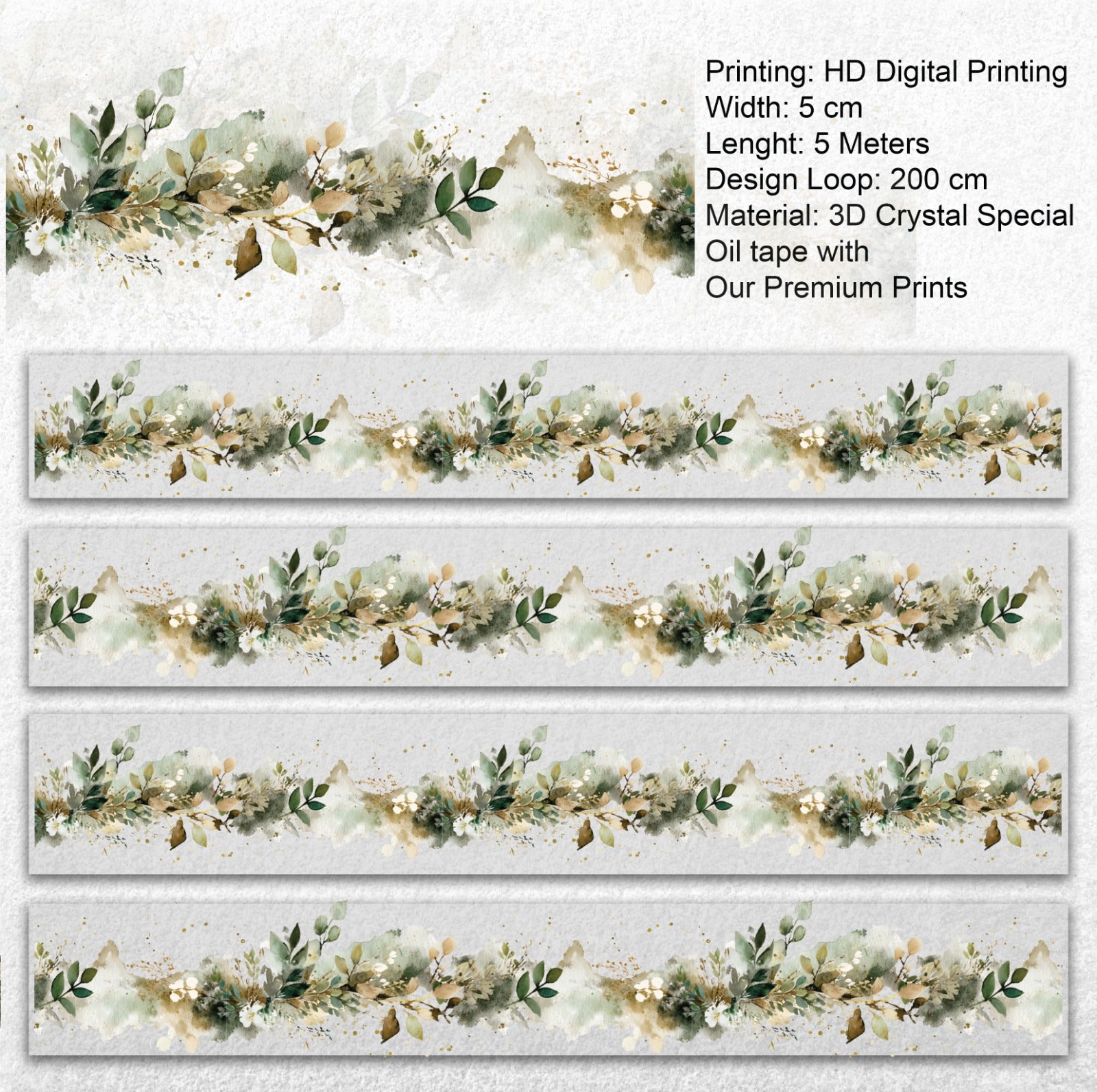 Sage Meadow | Watercolor Botanical Border PET Tape | 5cm x 5m