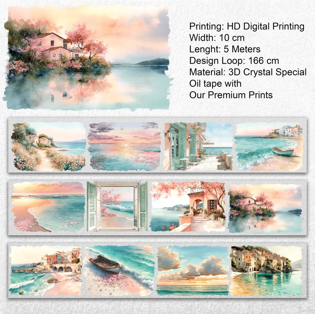Sunset Riviera | Mediterranean Coastal Landscape PET Tape | 10cm x 5m