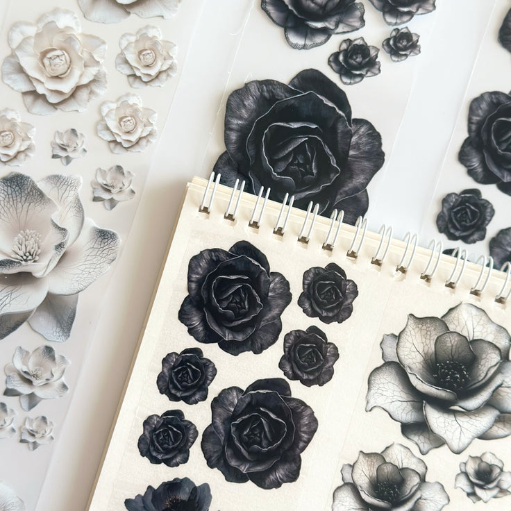 Noir Blossom Muse – Elegant Black & Ivory Floral PET Tape for Scrapbooking & Journaling