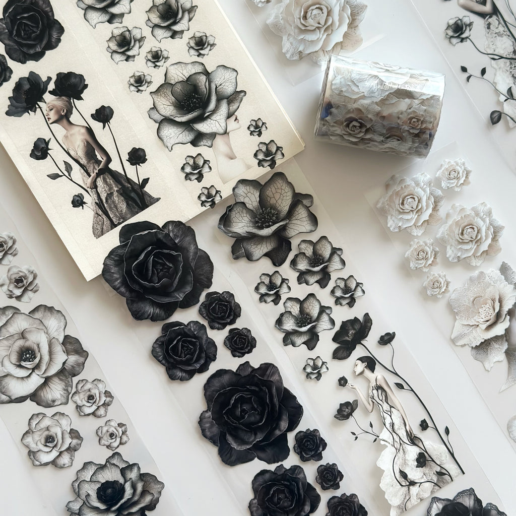 Noir Blossom Muse – Elegant Black & Ivory Floral PET Tape for Scrapbooking & Journaling