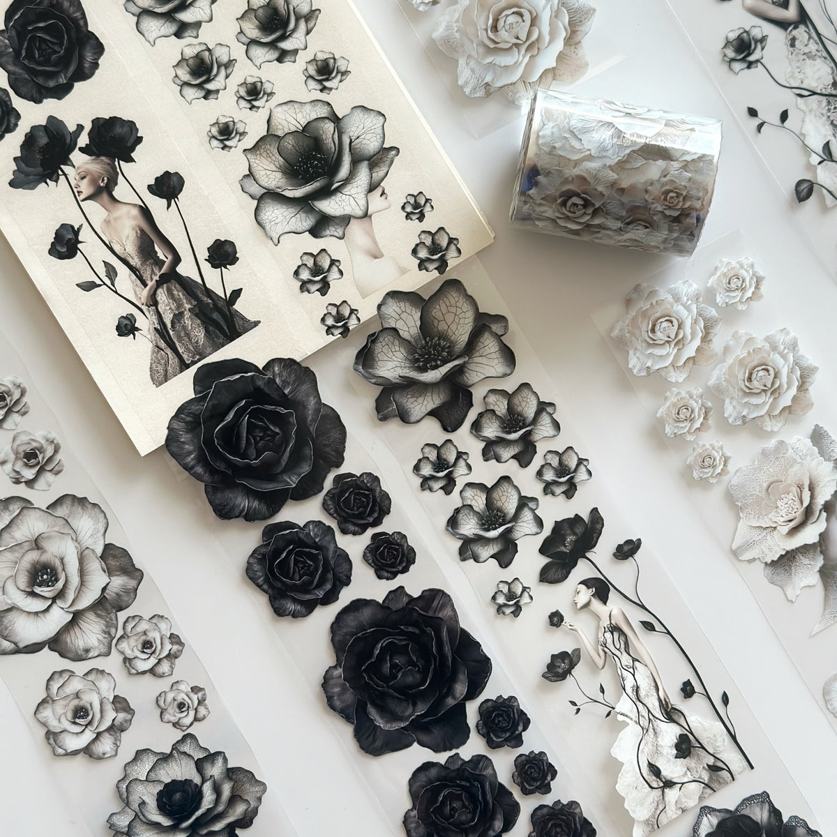 Noir Blossom Muse – Elegant Black & Ivory Floral PET Tape for Scrapbooking & Journaling
