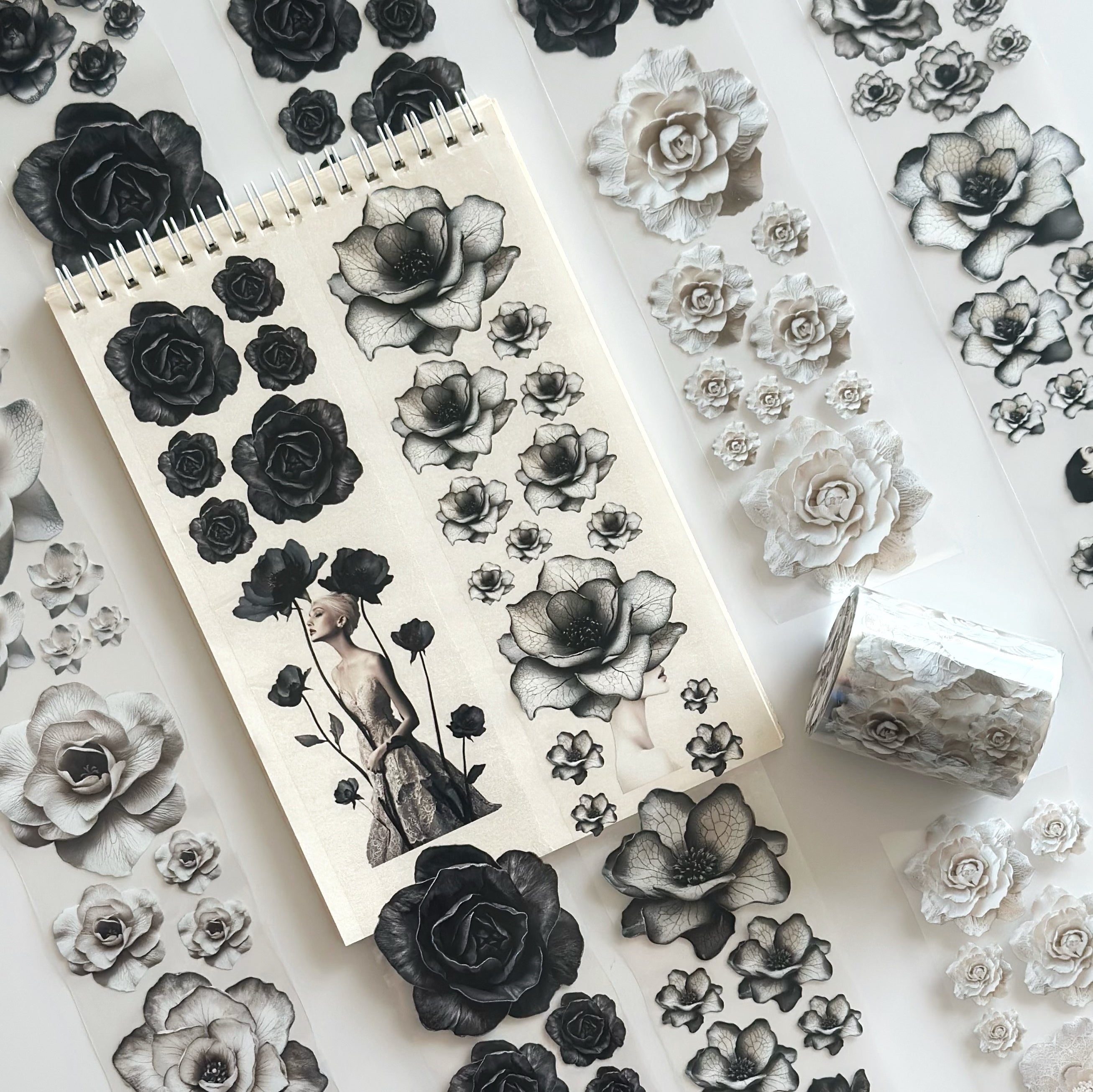 Noir Blossom Muse – Elegant Black & Ivory Floral PET Tape for Scrapbooking & Journaling