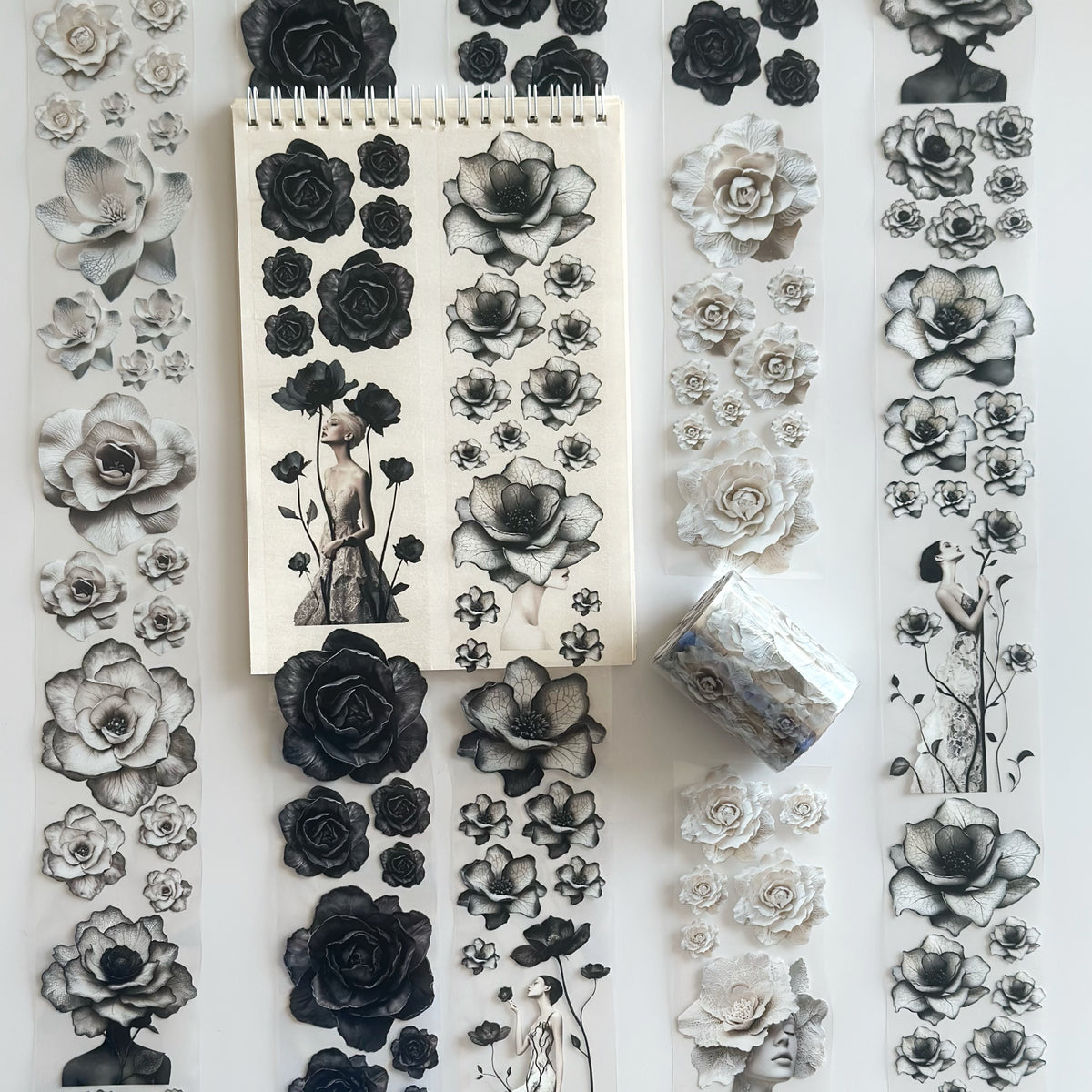 Noir Blossom Muse – Elegant Black & Ivory Floral PET Tape for Scrapbooking & Journaling