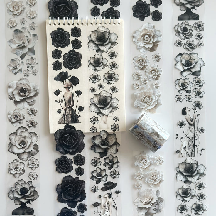 Noir Blossom Muse – Elegant Black & Ivory Floral PET Tape for Scrapbooking & Journaling