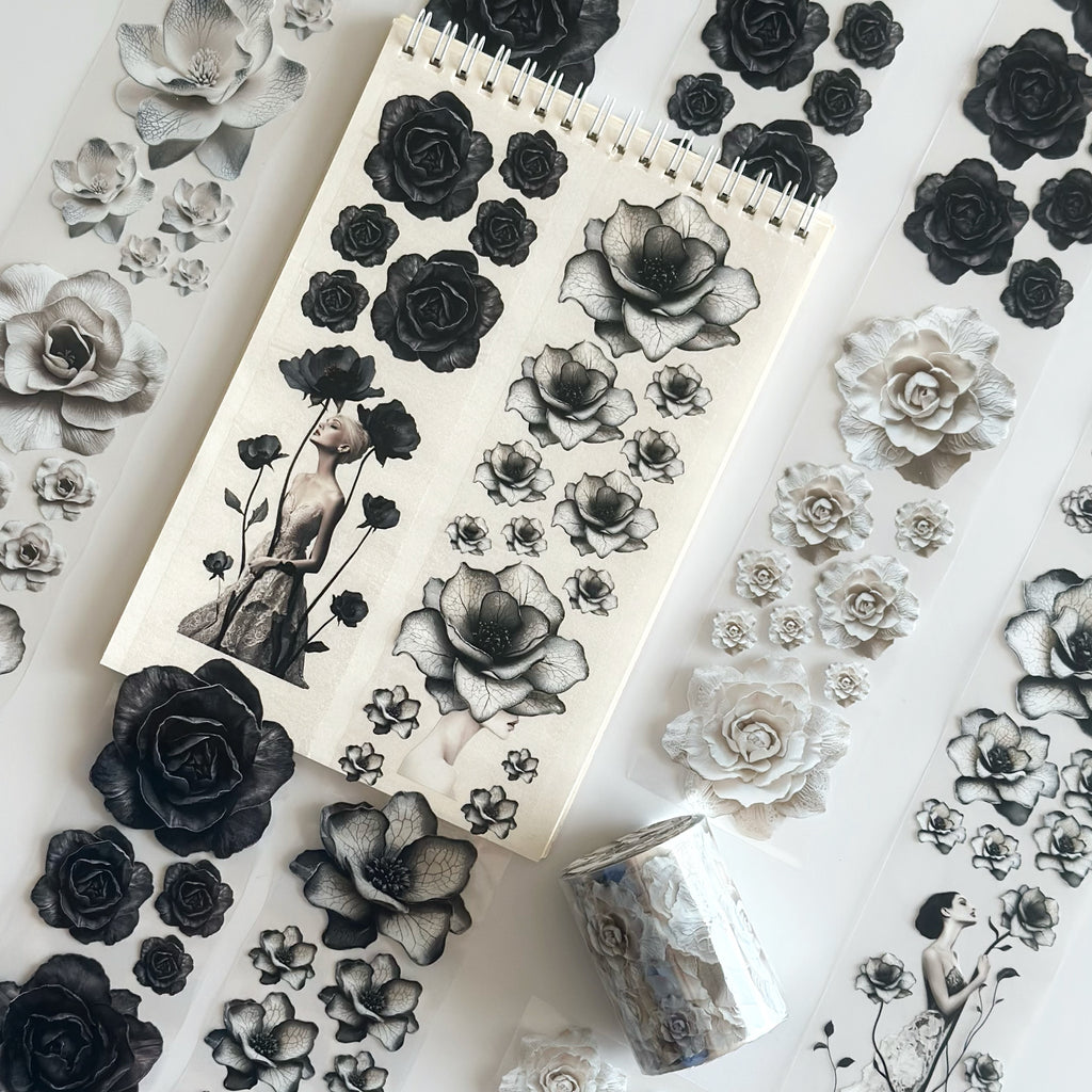 Noir Blossom Muse – Elegant Black & Ivory Floral PET Tape for Scrapbooking & Journaling