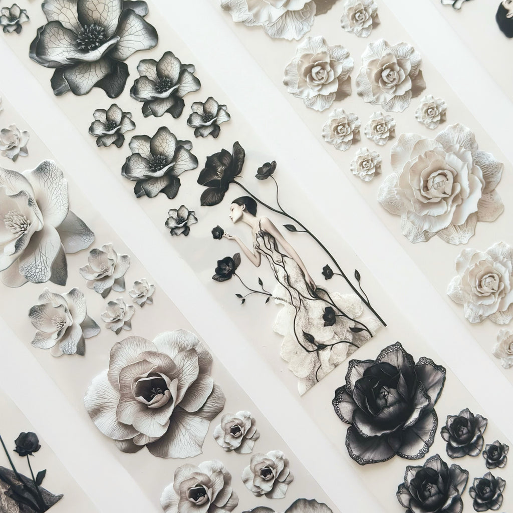 Noir Blossom Muse – Elegant Black & Ivory Floral PET Tape for Scrapbooking & Journaling