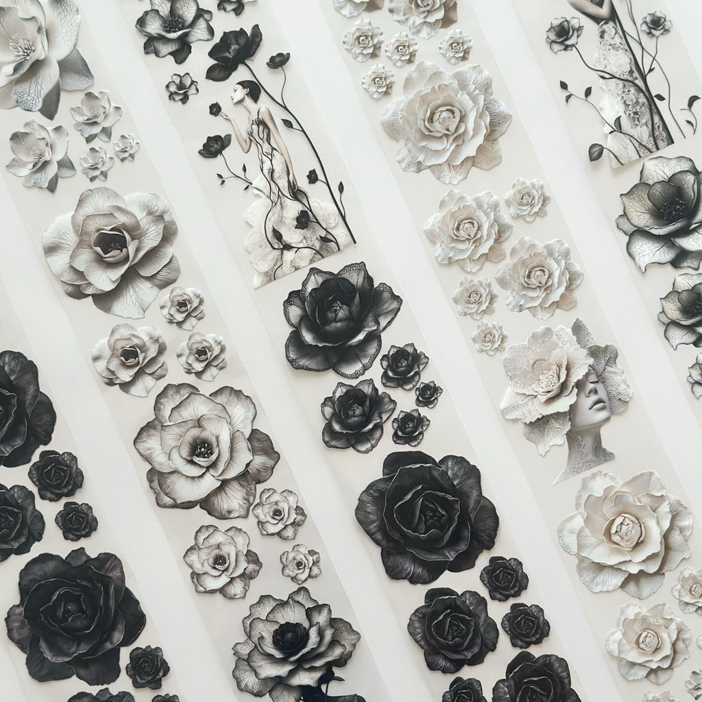 Noir Blossom Muse – Elegant Black & Ivory Floral PET Tape for Scrapbooking & Journaling