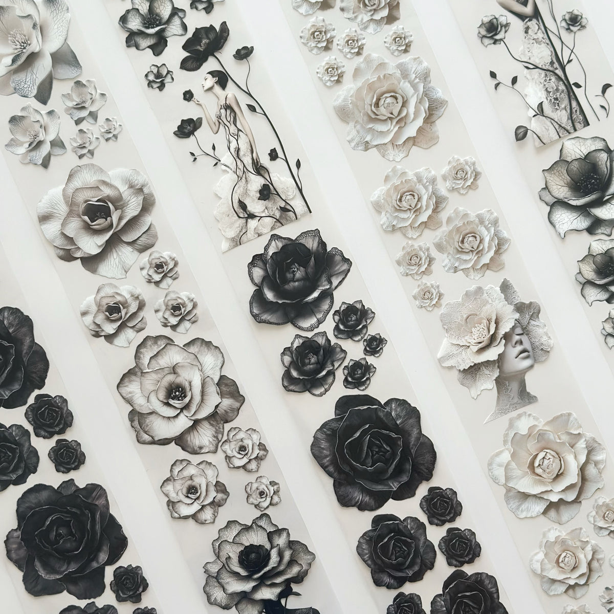 Noir Blossom Muse – Elegant Black & Ivory Floral PET Tape for Scrapbooking & Journaling