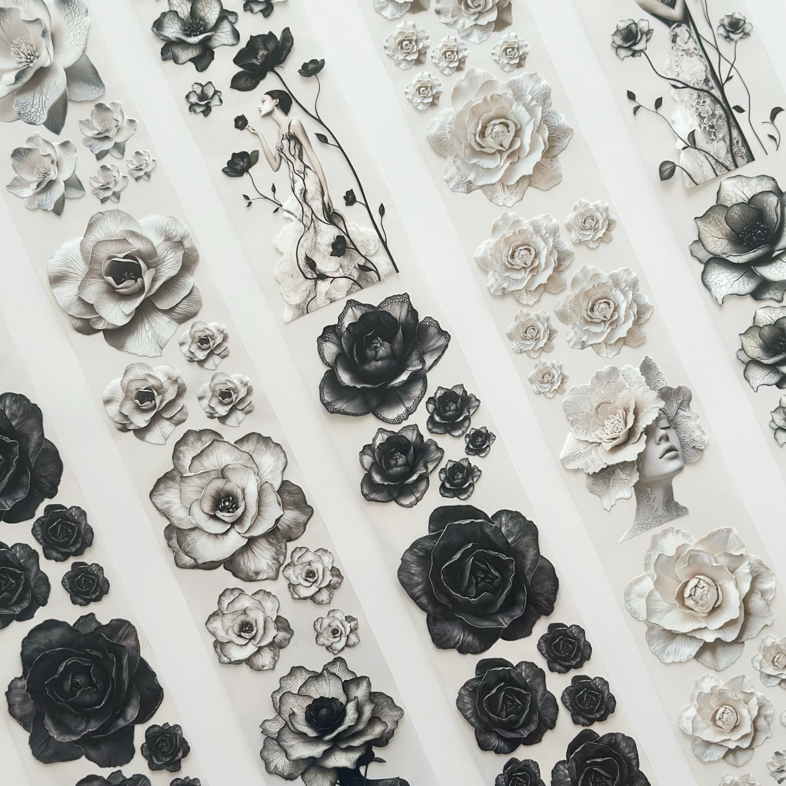 Noir Blossom Muse – Elegant Black & Ivory Floral PET Tape for Scrapbooking & Journaling