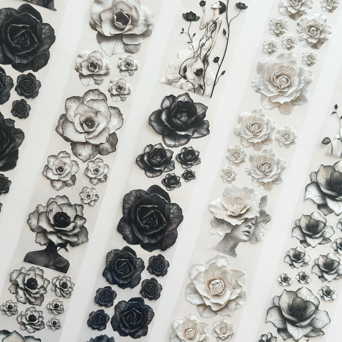 Noir Blossom Muse – Elegant Black & Ivory Floral PET Tape for Scrapbooking & Journaling