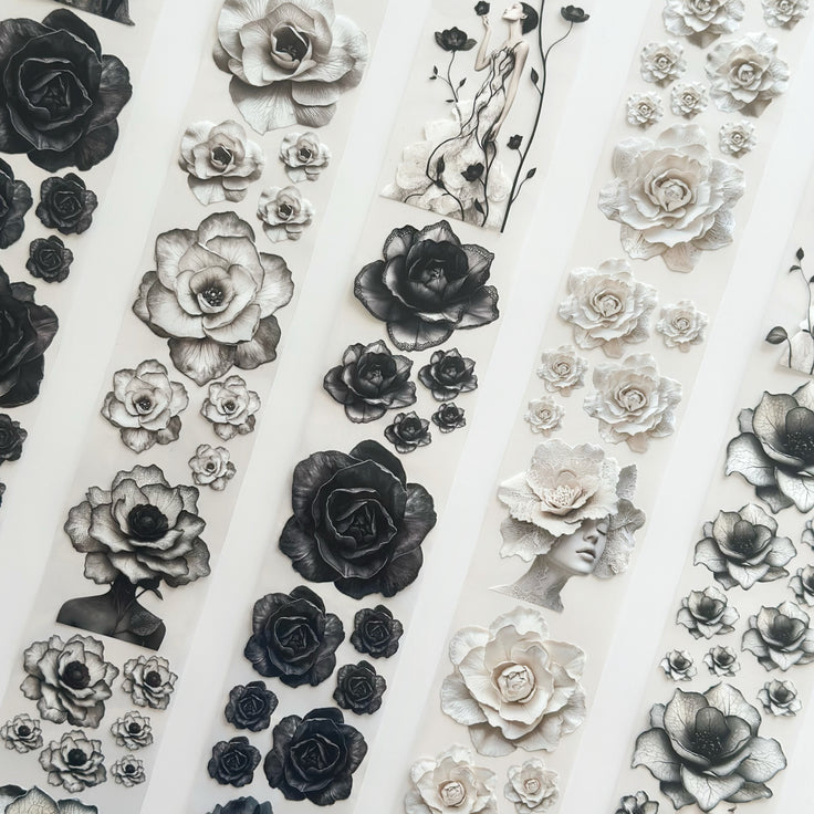 Noir Blossom Muse – Elegant Black & Ivory Floral PET Tape for Scrapbooking & Journaling