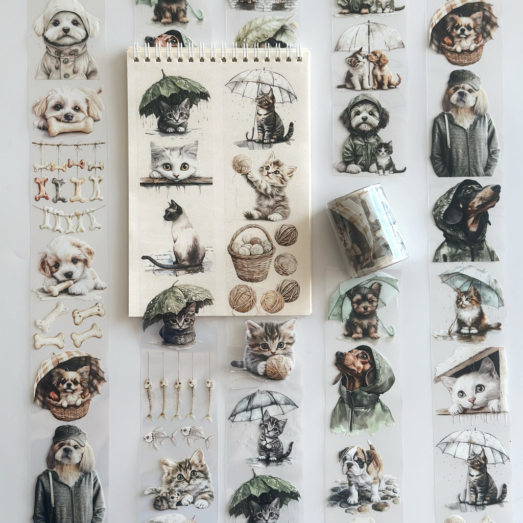 Rainy Day Pets – Cute Cats & Dogs PET Tape for Journaling & Scrapbooking