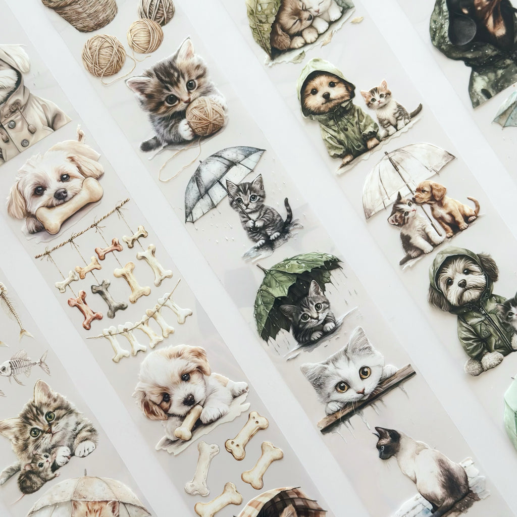 Rainy Day Pets – Cute Cats & Dogs PET Tape for Journaling & Scrapbooking