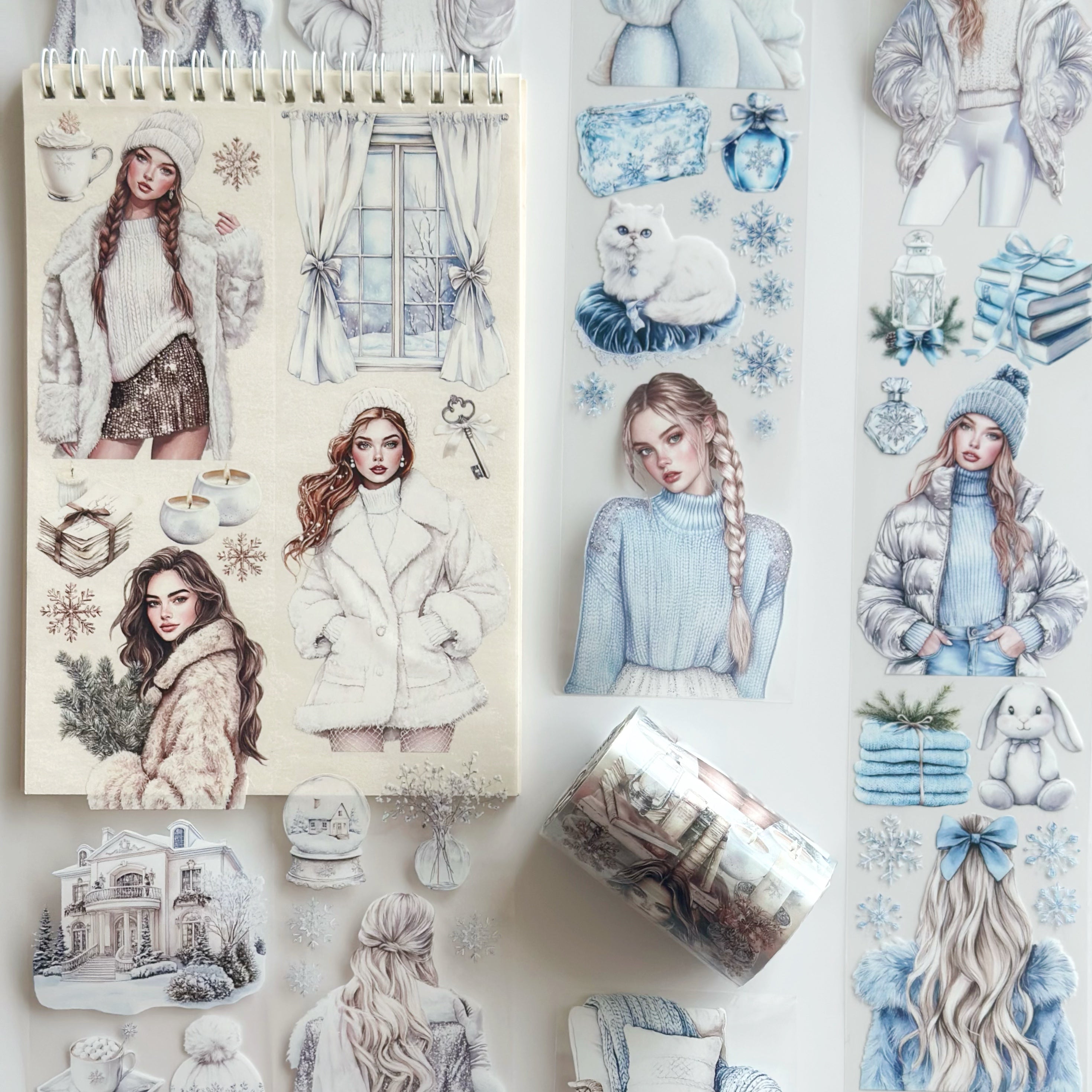 Snowlight Elegance PET Tape – Winter Fashion Girls, Cozy Luxury Scrapbook Tape, 7cm x 5m Decorative Journal Tape