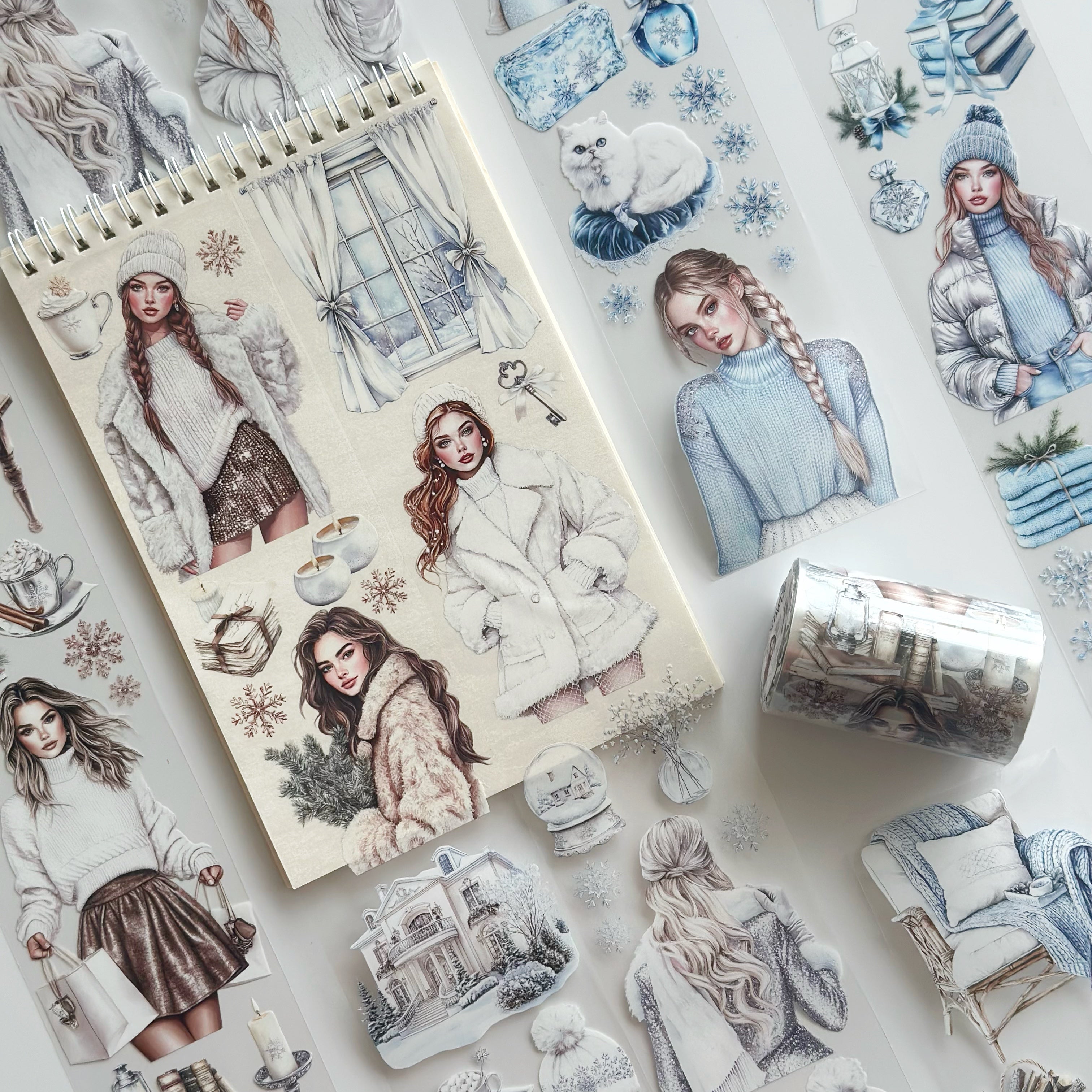 Snowlight Elegance PET Tape – Winter Fashion Girls, Cozy Luxury Scrapbook Tape, 7cm x 5m Decorative Journal Tape