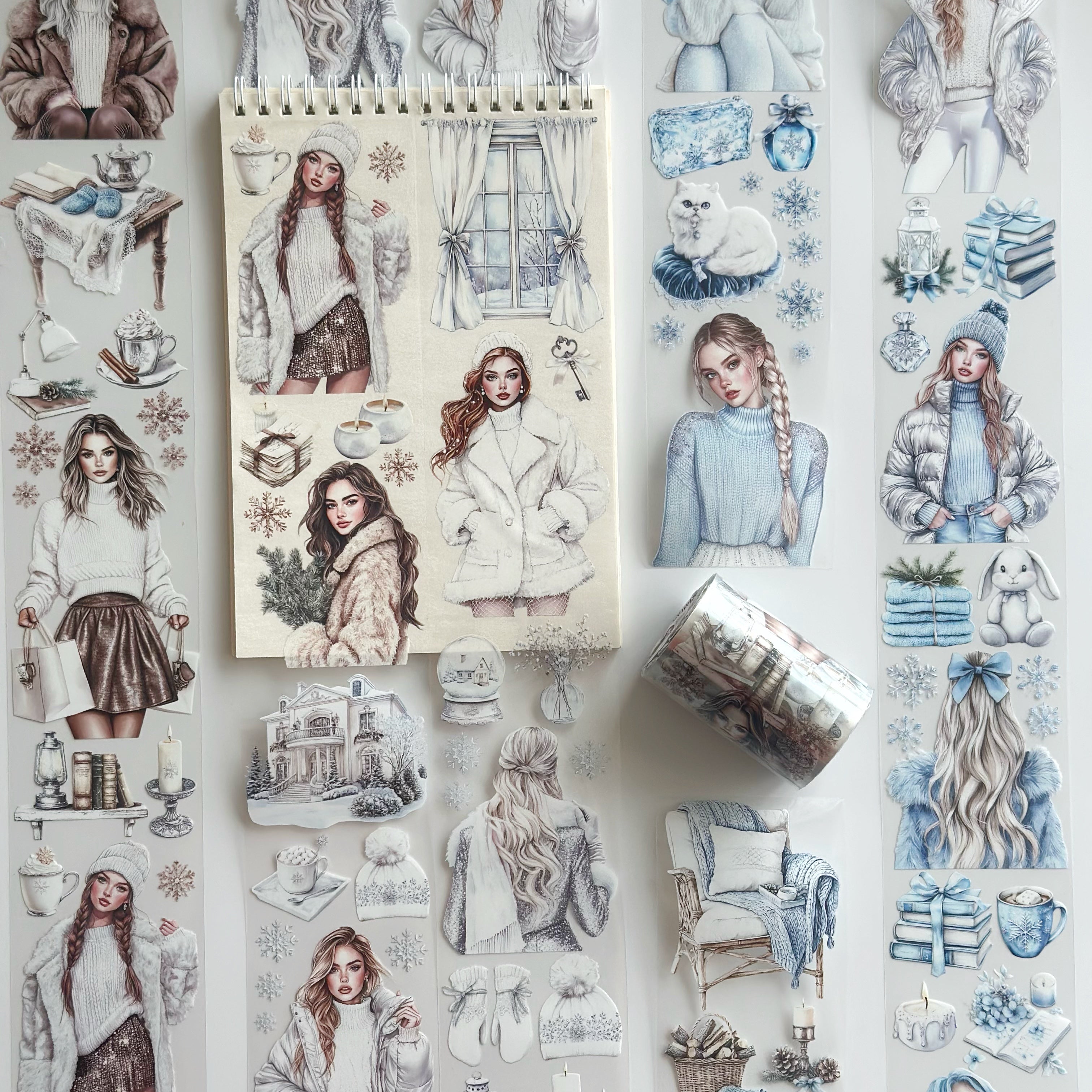Snowlight Elegance PET Tape – Winter Fashion Girls, Cozy Luxury Scrapbook Tape, 7cm x 5m Decorative Journal Tape