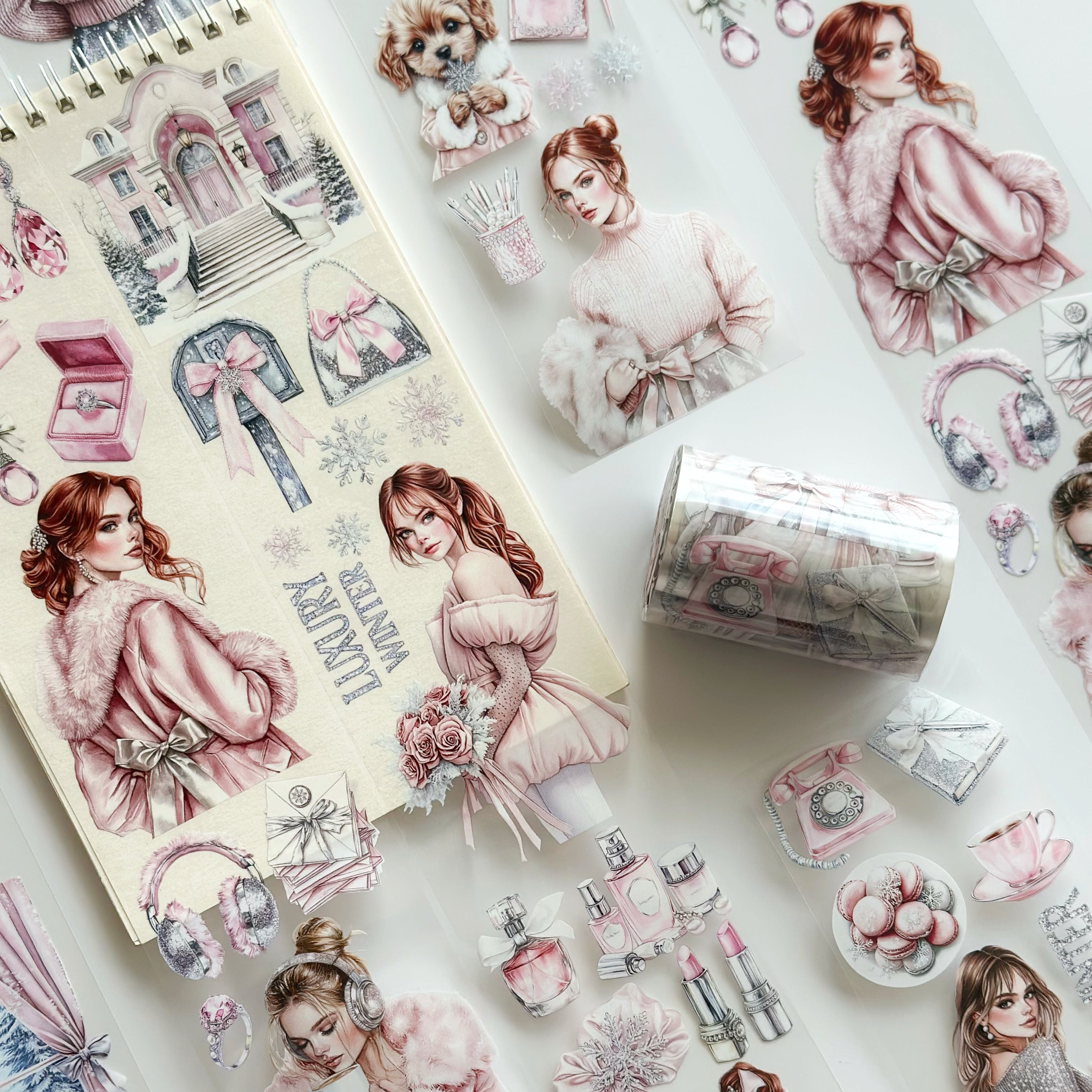Luxury Winter PET Tape – Pink Cozy Fashion Girls, Elegant Winter Scrapbook Tape 7cm x 5m