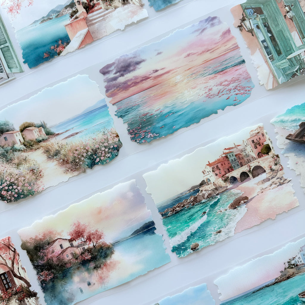Sunset Riviera | Mediterranean Coastal Landscape PET Tape | 10cm x 5m