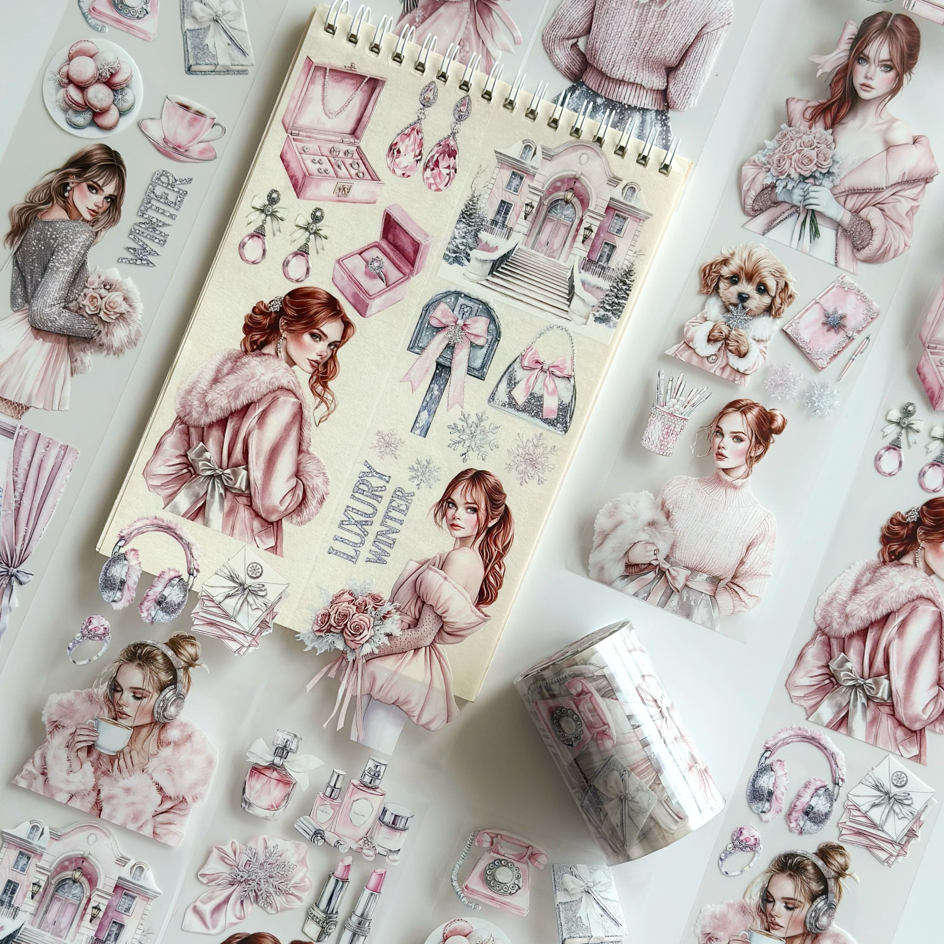 Luxury Winter PET Tape – Pink Cozy Fashion Girls, Elegant Winter Scrapbook Tape 7cm x 5m