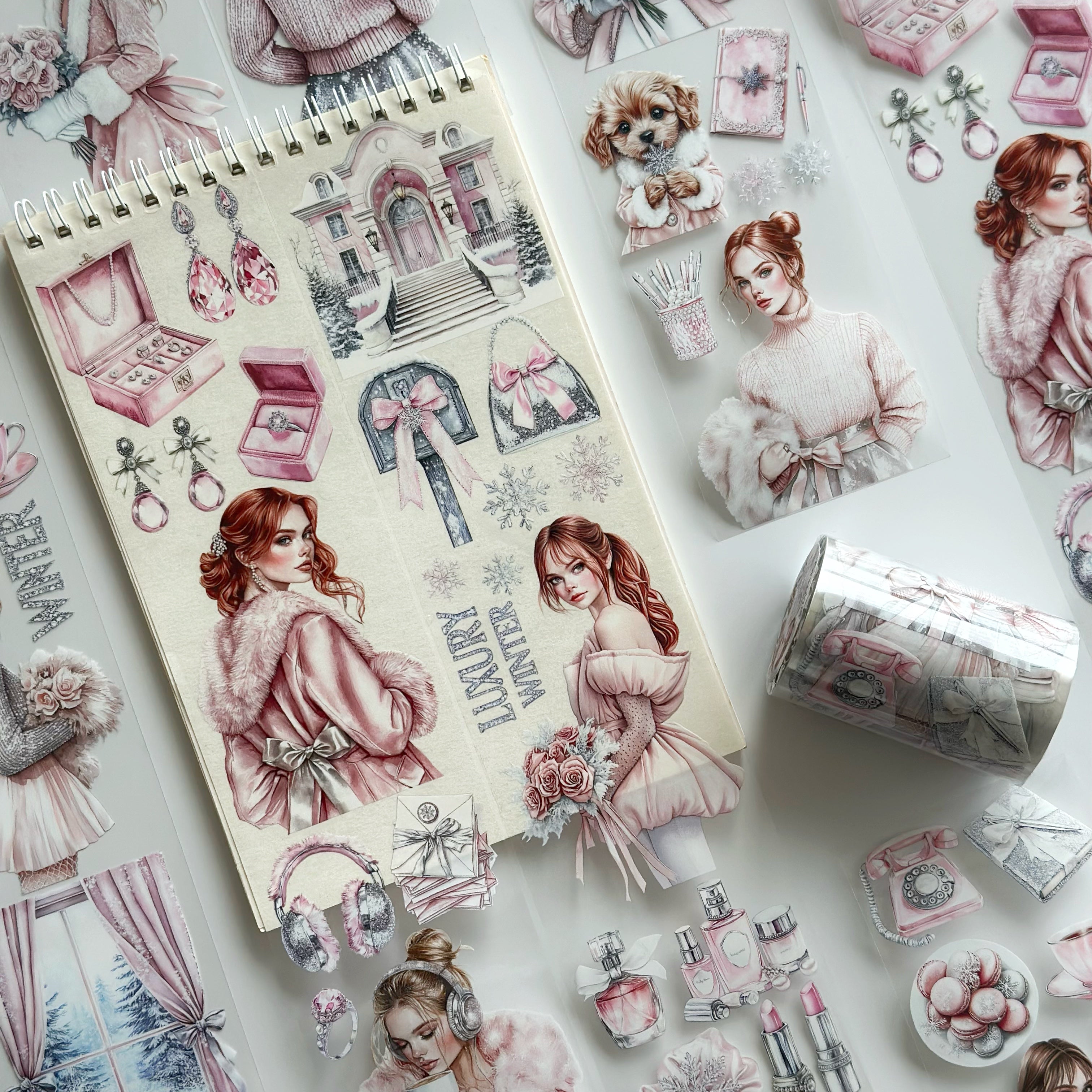 Luxury Winter PET Tape – Pink Cozy Fashion Girls, Elegant Winter Scrapbook Tape 7cm x 5m