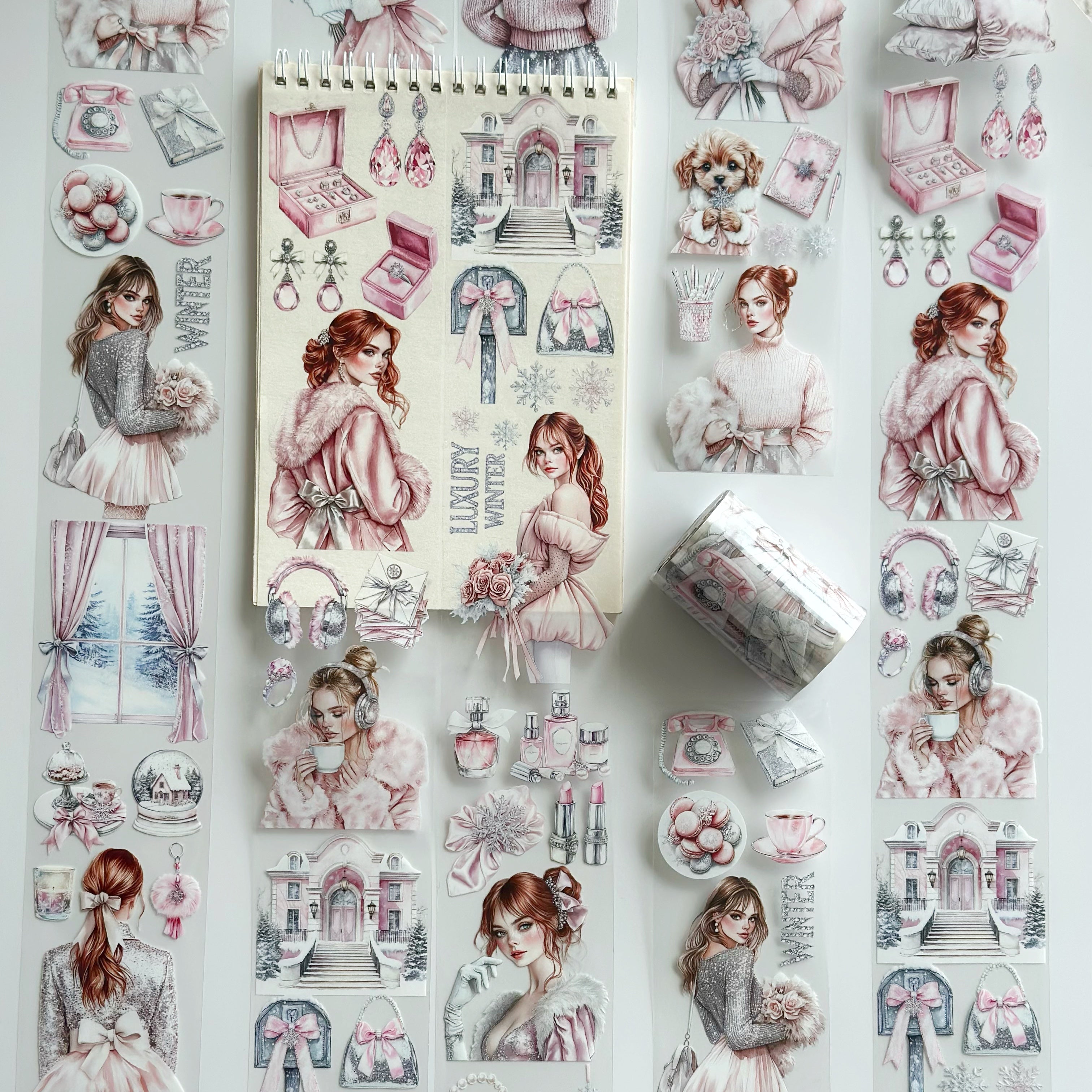 Luxury Winter PET Tape – Pink Cozy Fashion Girls, Elegant Winter Scrapbook Tape 7cm x 5m