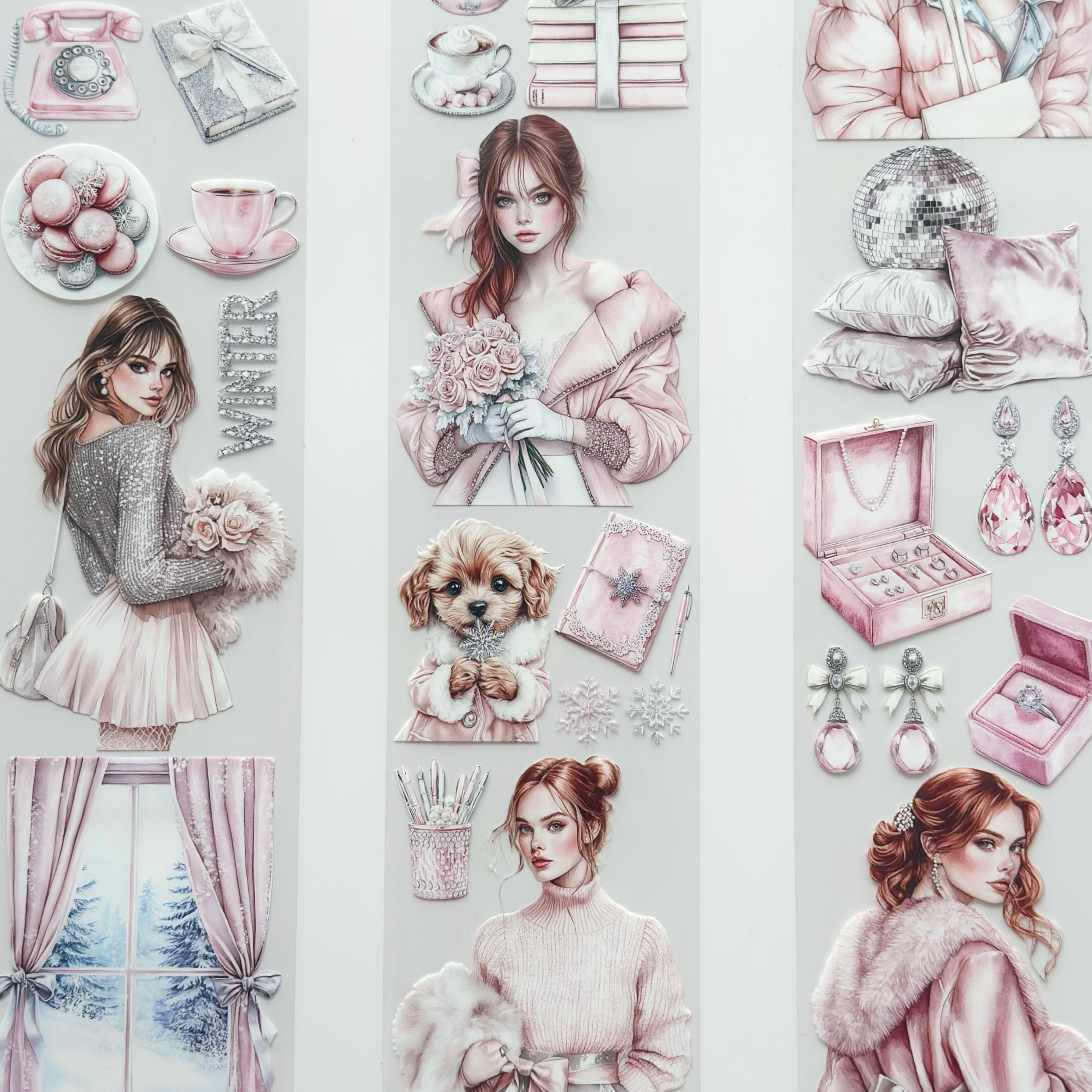 Luxury Winter PET Tape – Pink Cozy Fashion Girls, Elegant Winter Scrapbook Tape 7cm x 5m