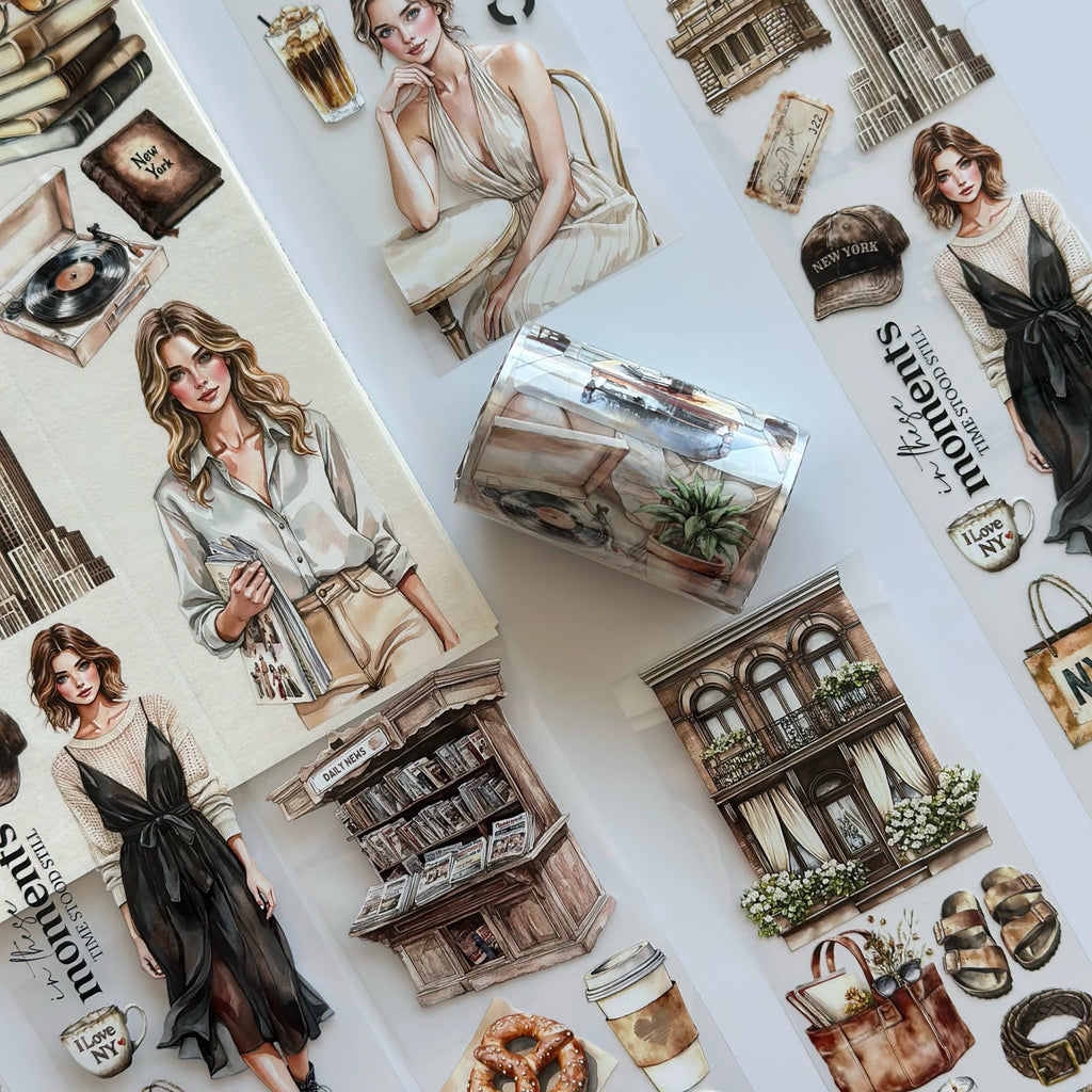 NYC Elegance Oil PET Tape – New York City Girl Sticker Roll – Urban Vintage 7cm Journal Deco – SRP139