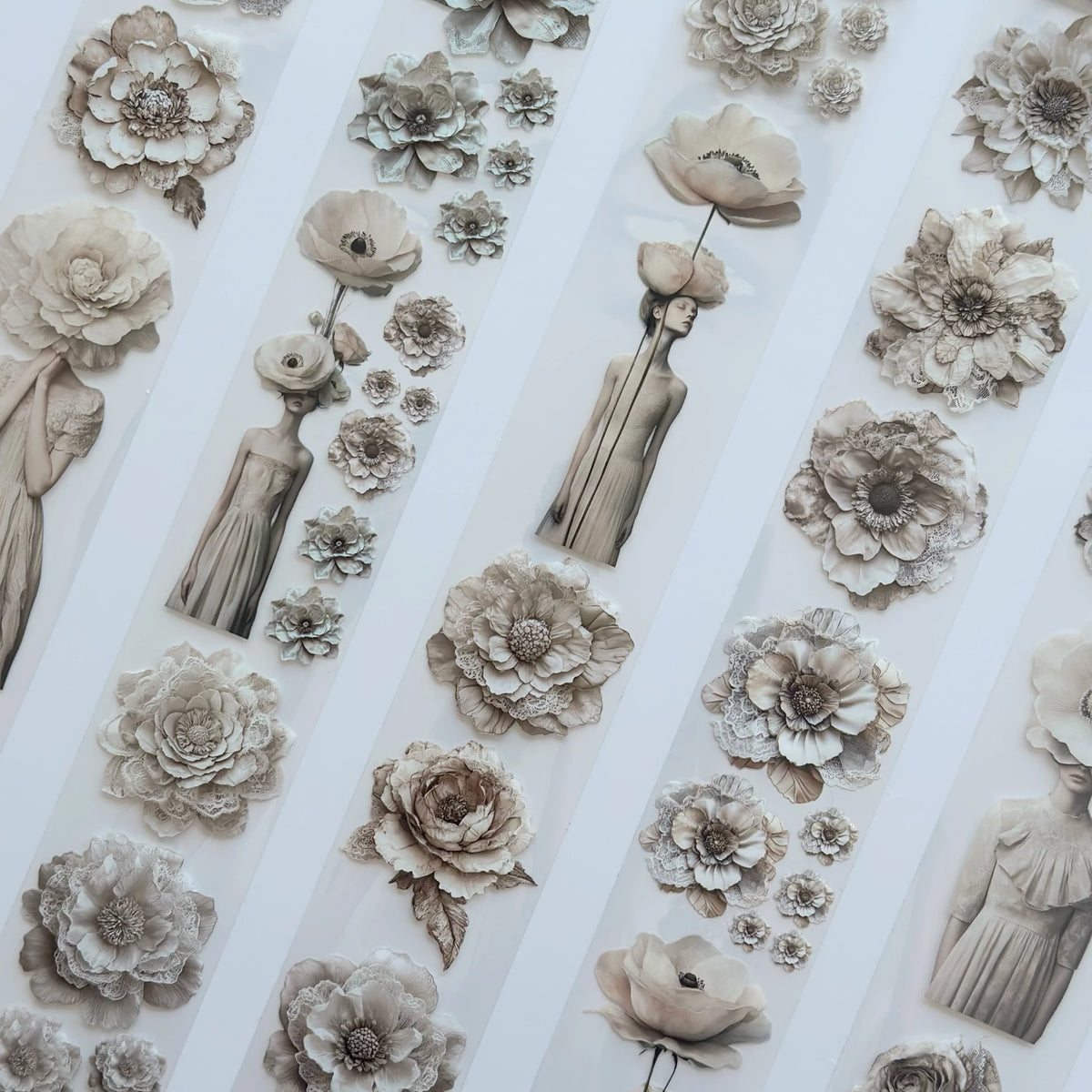 Tone of Silence Oil PET Tape – Neutral Floral Woman Sticker Roll – 6cm Minimal Aesthetic – SRP137