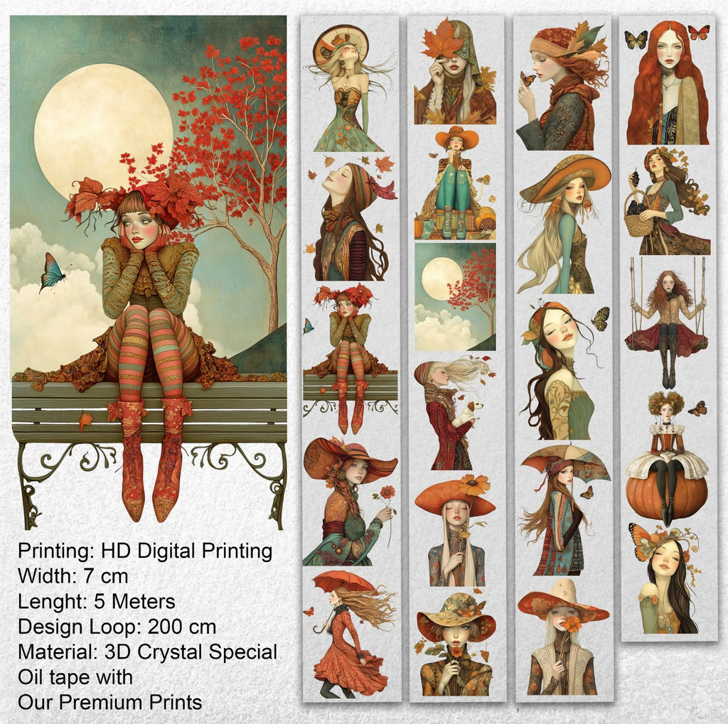 An Autumn Story Oil PET Tape – Fall Girl Scrapbook Sticker Roll – 7cm Journal Deco – SRP132