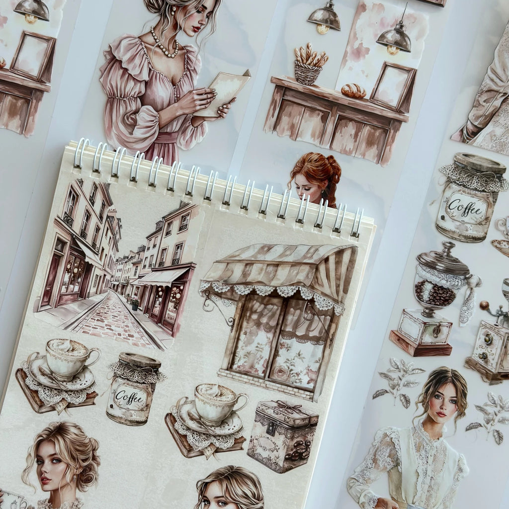 Coffee & Talk Oil PET Tape – Cozy Café Girl Scrapbook Sticker Roll – Vintage Coffee Aesthetic – SRP135