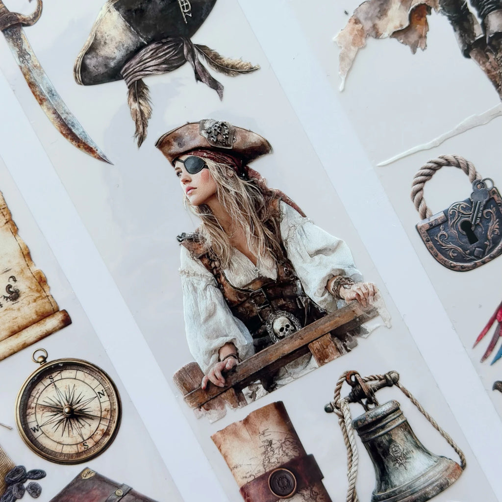 The Secret of the Treasure Pirate Oil Tape – 7cm Scrapbook PET Sticker Roll – Adventure Map & Characters – SRP129