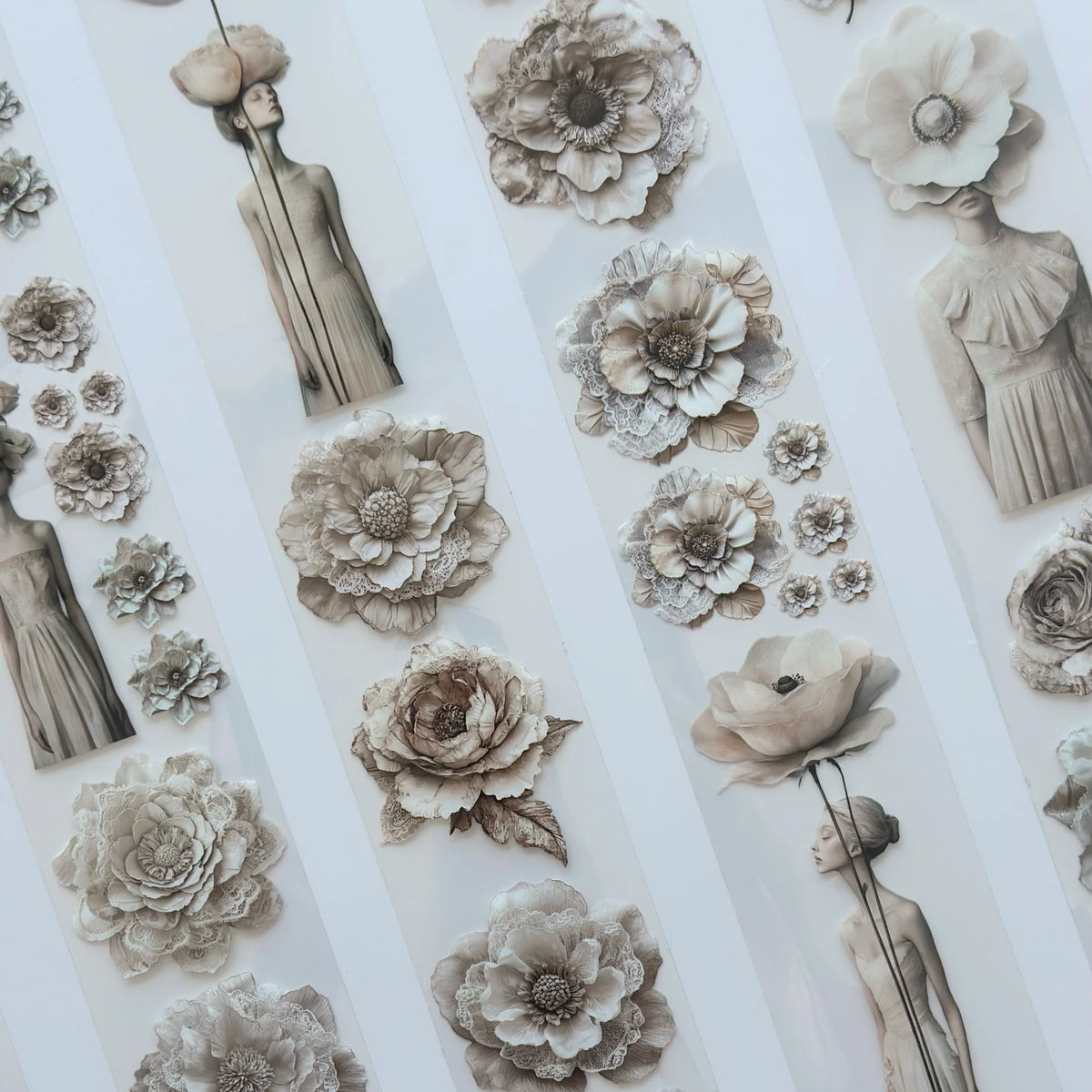Tone of Silence Oil PET Tape – Neutral Floral Woman Sticker Roll – 6cm Minimal Aesthetic – SRP137