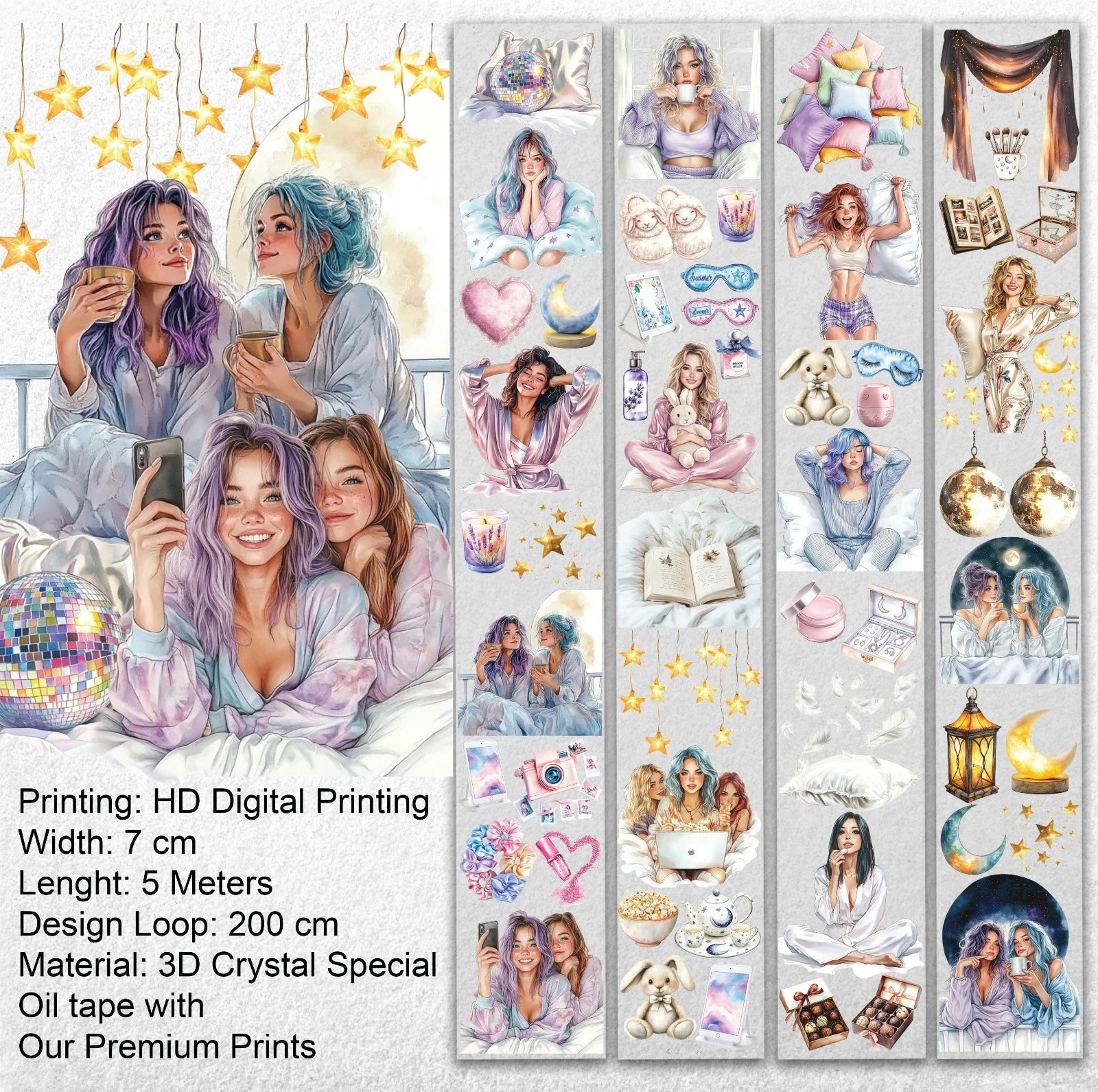 Pillow Fight Girls PET Oil Tape – Sleepover Aesthetic Scrapbook Roll – Cozy Night Vibes – SRP131